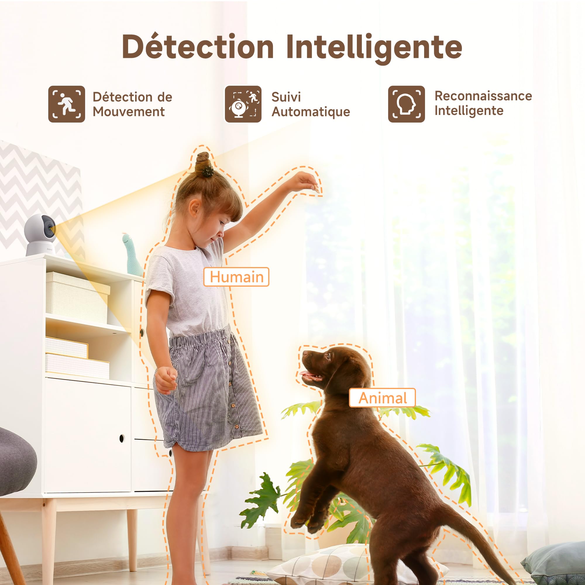LAXIHUB 3K/5MP Caméra Surveillance WiFi Intérieur, 2,4GHz/5GHz Caméras WiFi avec Vision Nocturne, 355° PTZ Caméra Maison, Suivi Automatique, Audio Bidirectionnel, Compatible Google Assistant et Alexa
