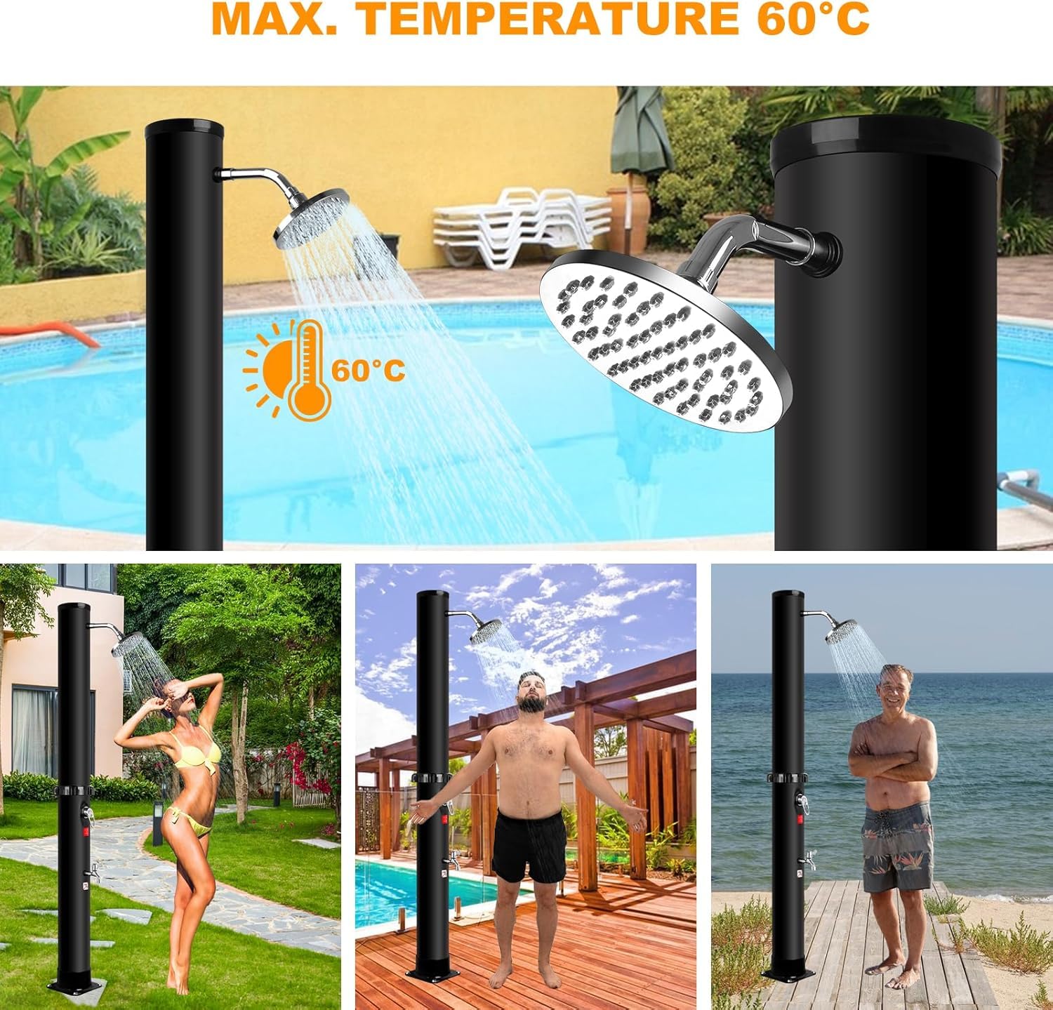 Solardusche 35 Liter, Gartendusche Solar mit Schutzhülle, 360° Regenduschkopf, Fußdusche, Mischbatterie, Gartenschlauchanschluss, Pooldusche für Garten, Pool und Terrasse, Schwarz