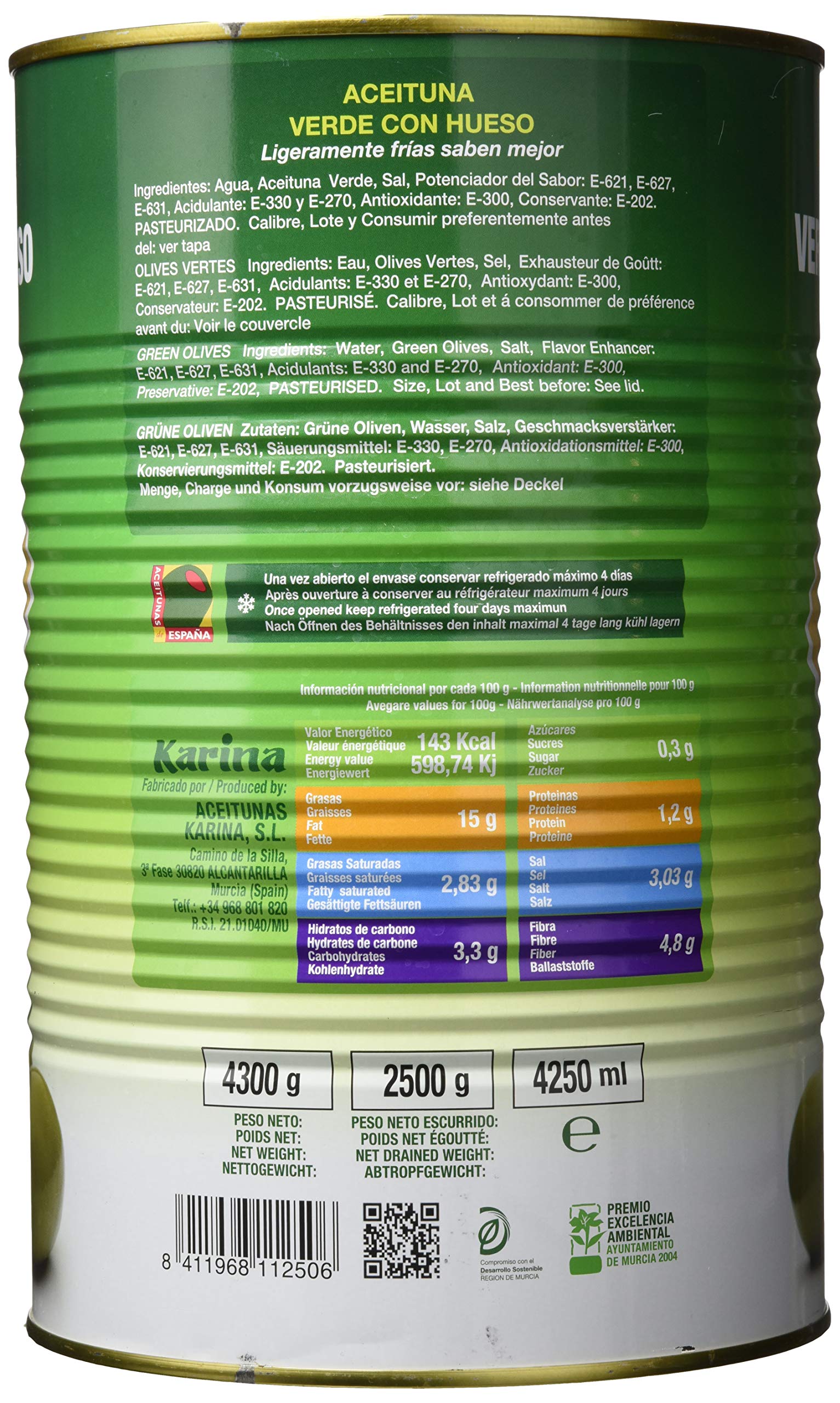 Aceitunas Karina grüne Manzanilla-Oliven mit Stein, Dose, 1er Pack (1 x 2.5 kg)
