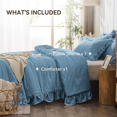 Miniatura 31 de JOLLYVOGUE - Juego de edredón tamaño queen, de 3 piezas, estilo seersucker, ligero y esponjoso para todas las estaciones, con 1 edredón con volantes