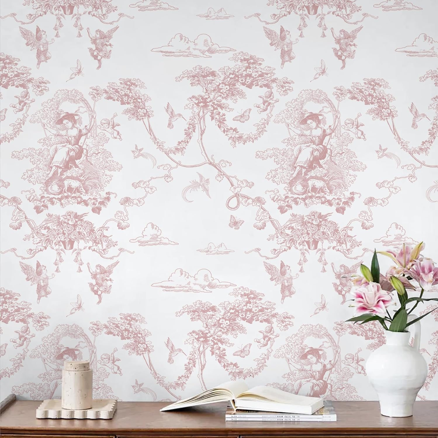 CiCiwind Peel and Stick Wallpaper Pink and White Wallpaper Vintage Toile Wall Paper for Bathroom Bedroom Living Room French Self Adhesive Removable Contact Paper for Cabinets 17.3"×393.7" Vinyl Rolls 17.3" x 393.7" Pink and White
