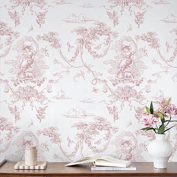 CiCiwind Peel and Stick Wallpaper Pink and White Wallpaper Vintage Toile Wall Paper for Bathroom Bedroom Living Room French Self Adhesive Removable Contact Paper for Cabinets 17.3"78.7" Vinyl Rolls