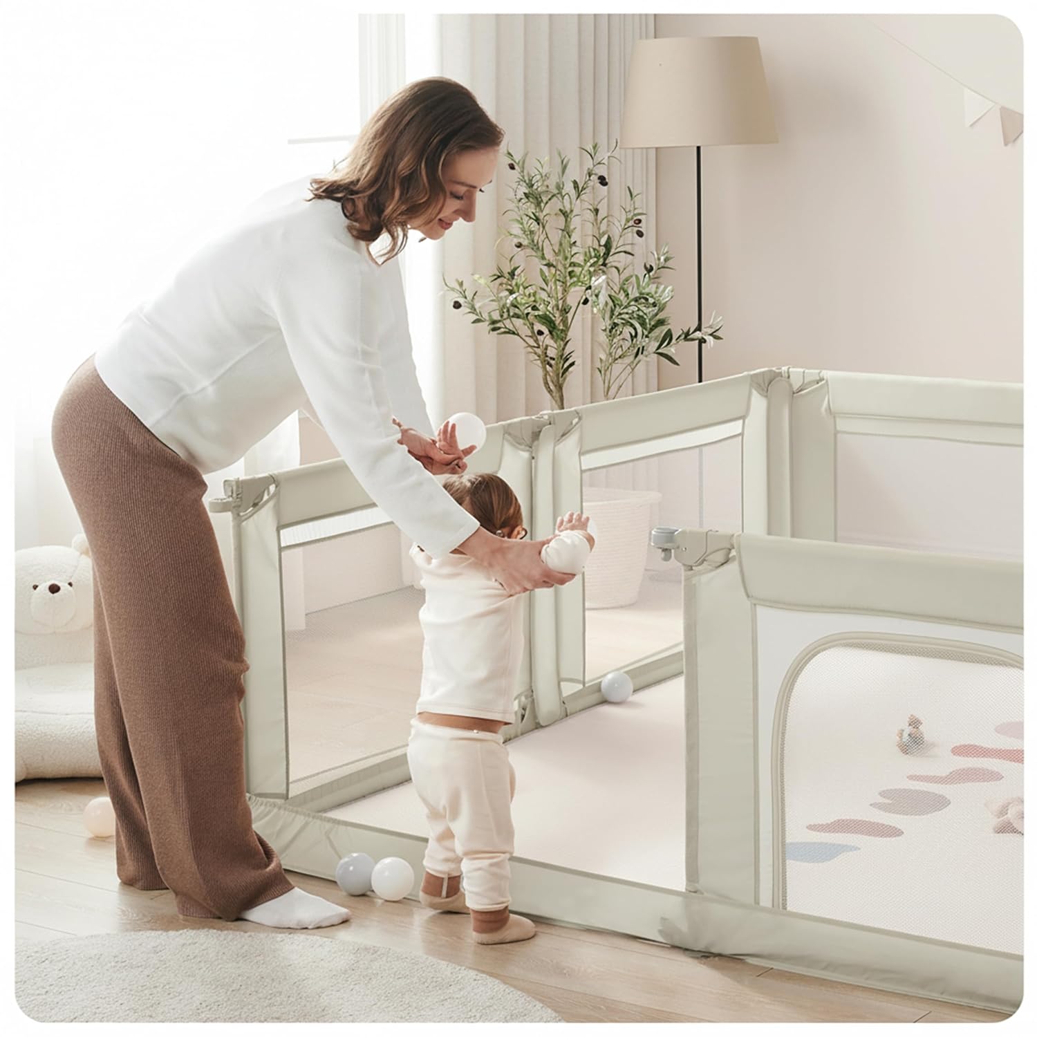 Sweeby Modular Baby Playpen, Customizable & Foldable Playpen for Babies and Toddlers with Easy Access Gate, Portable Indoor & Outdoor Play Yard, Adjustable Shape Kids Activity Center (87*18*63) Beige