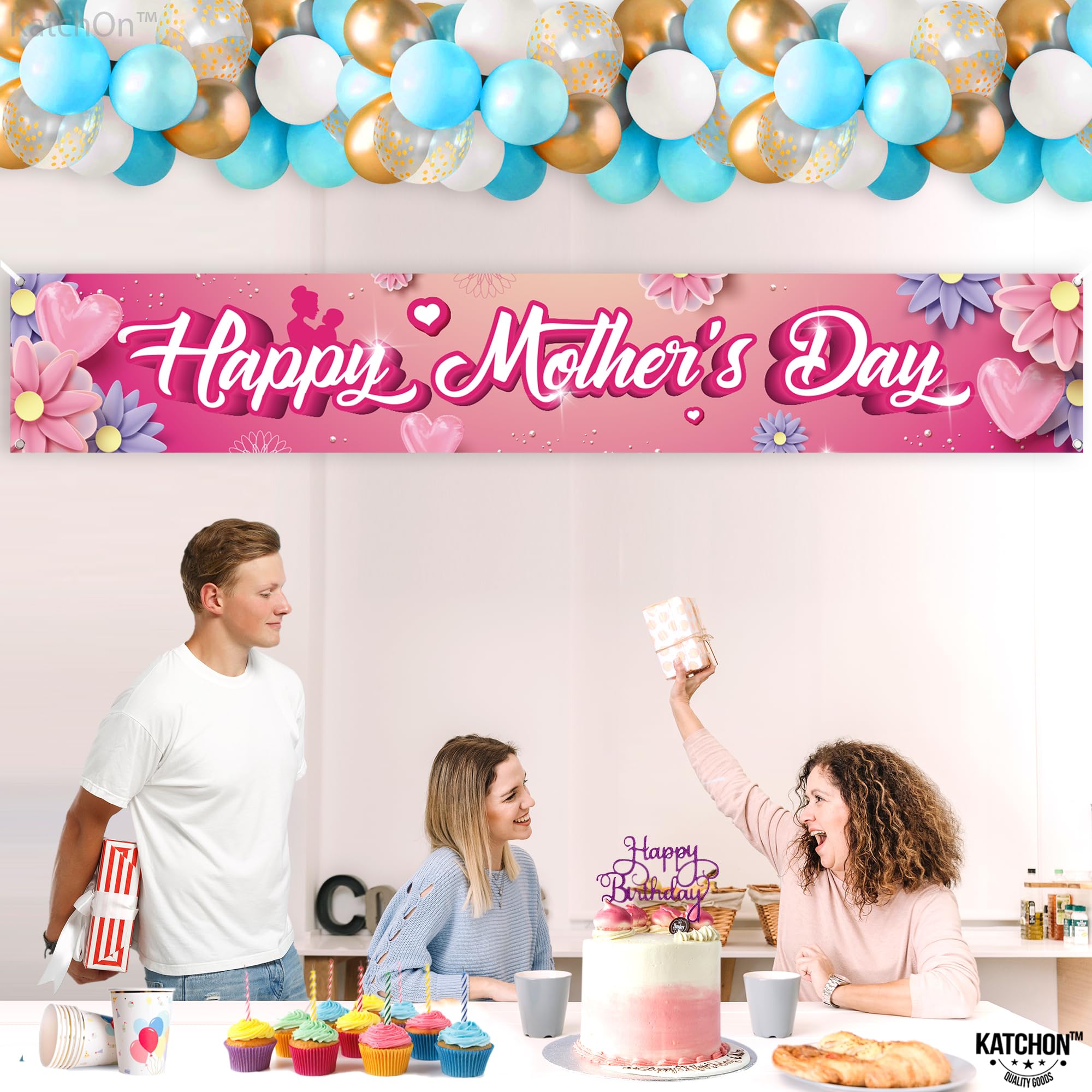 Pink Happy Mother's Day Banner - 120x20 Inch Large Fabric Banner With Ribbon For Yard & Party Decor