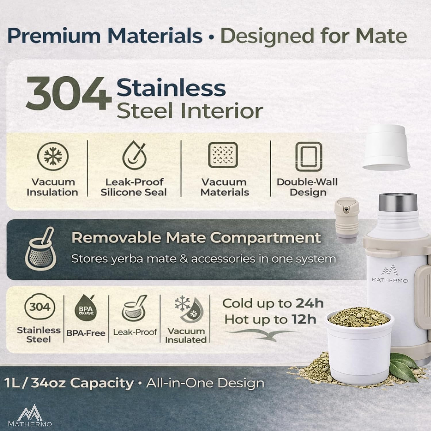 Todo-en-Uno Mate Thermo with Built-In Yerba Compartment – 1L Stainless Steel Vacuum Insulated Bottle, Leak-Proof Lid, Travel Mate Set for Hot & Cold