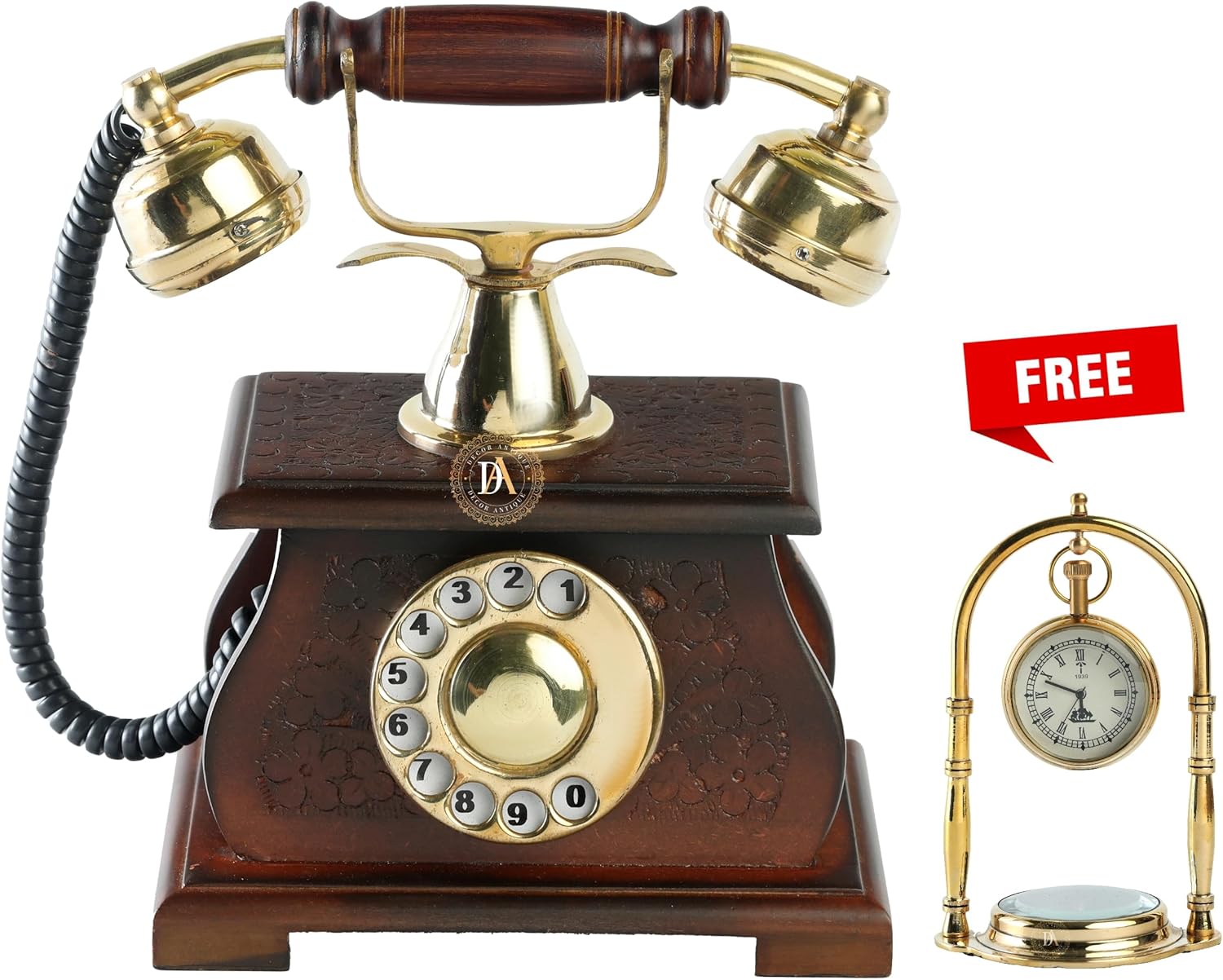 Victorian Old Classic Telephone Wooden Carving Work Vintage Rotary Wooden Base Non Working Telephone Decor Gift with Free Brass Table Clock Compass
