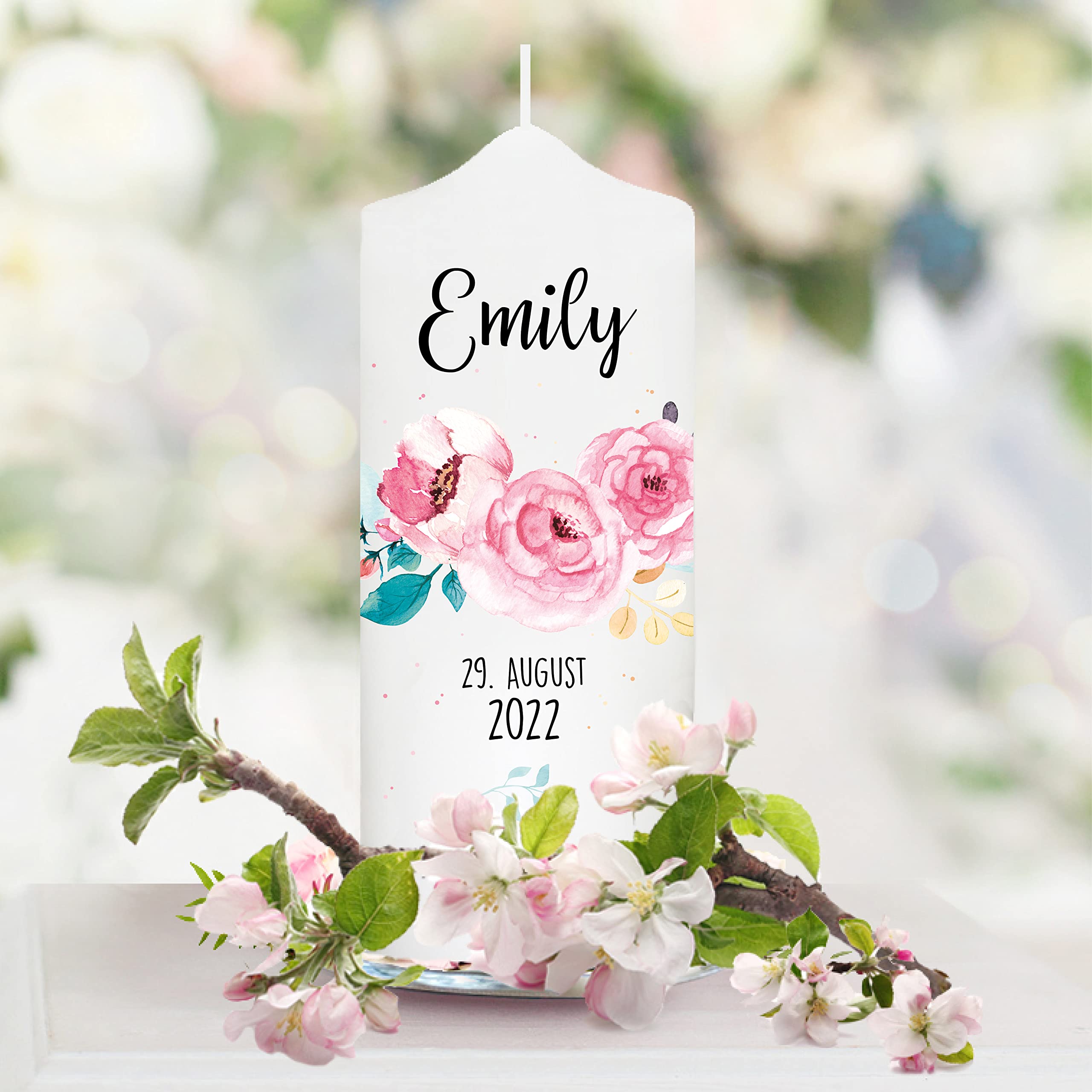 Wandttattoo Loft Taufkerze Junge oder Mädchen Blumen Blüte rosa rosé Baum weiße Kerze zur Taufe, Geburt Kommunion weiß 25 x 7 cm mit Name, Datum, Taufkerze (ohne Taufspruch)