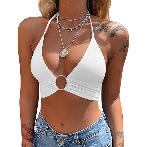 Mizoci Women's Sexy Summer Sleeveless Halter Deep V Neck Crop Top Tie Up Backless Cami