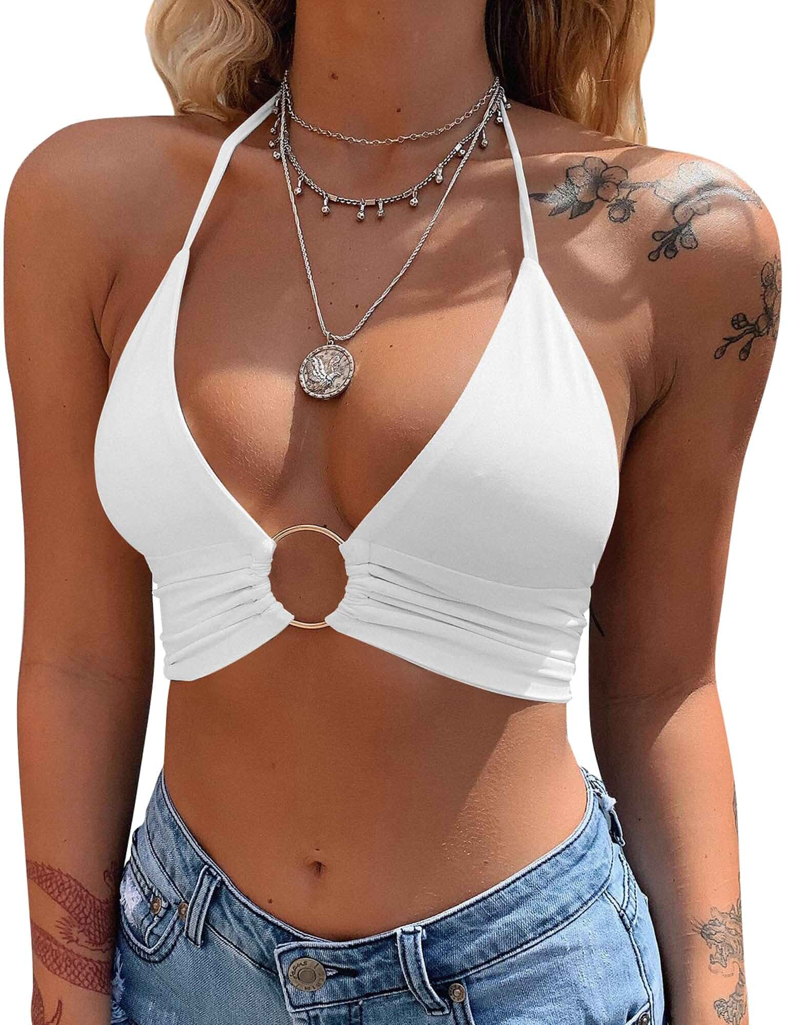 Mizoci Womens Sexy Halter Deep V Neck Beach Concert Crop Top Tie Up Backless Rave Festival Vacation Outfit Going Out Y2k Club Tops