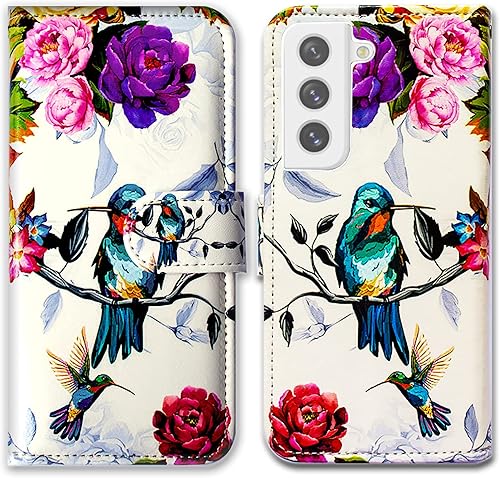 Funda para Galaxy S21 FE 5G, colibrí en flores de pájaro de cuero con tapa para teléfono con ranura para tarjetas, soporte para Samsung Galaxy S21