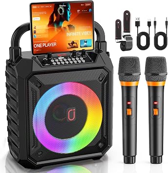 Karaoke Machine with 2 Wireless Microphones For Adults, Bluetooth 5.3 Speaker with Dynamic Party Lights & 24-Hour Playtime, PA System for Home and Outdoor Parties, Supports USB/SD/AUX/TV Connection
