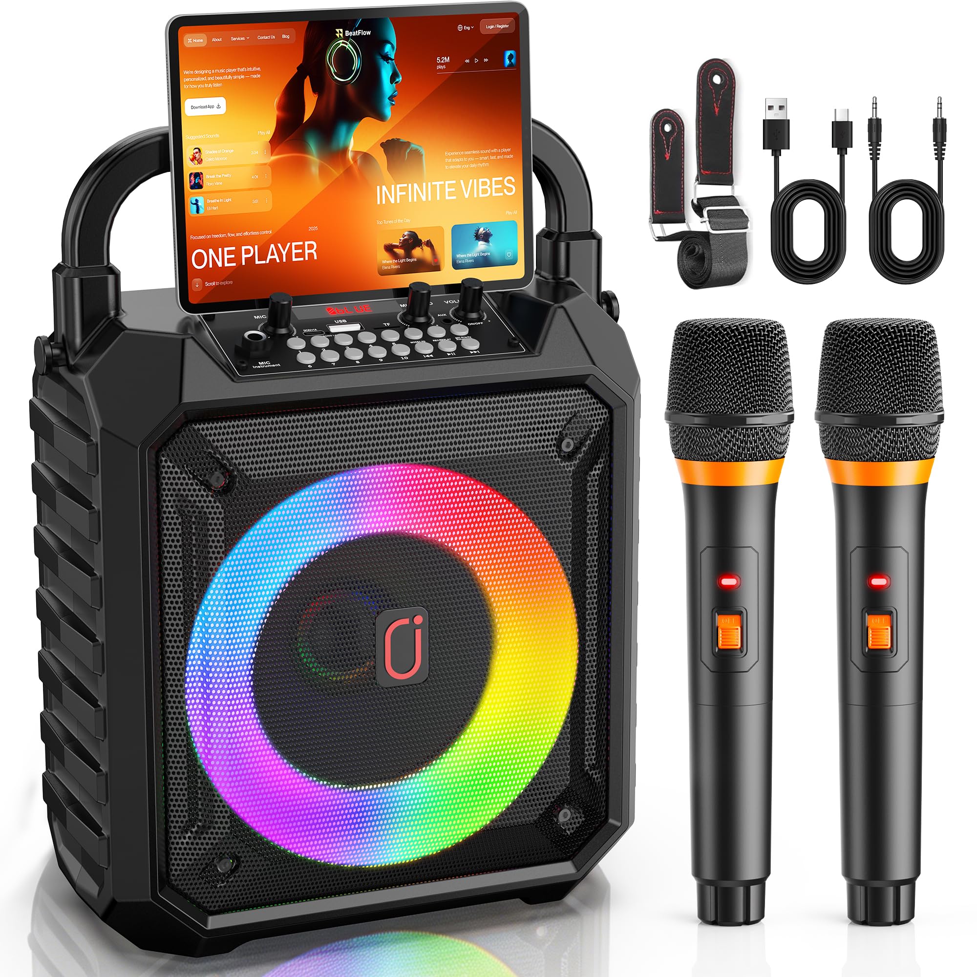 HWWR Macchina per karaoke, 2 microfoni, altoparlante portatile Bluetooth per karaoke con luci DJ, per feste e all'aperto, microfono wireless per karaoke per adulti e bambini, sistema PA karaoke