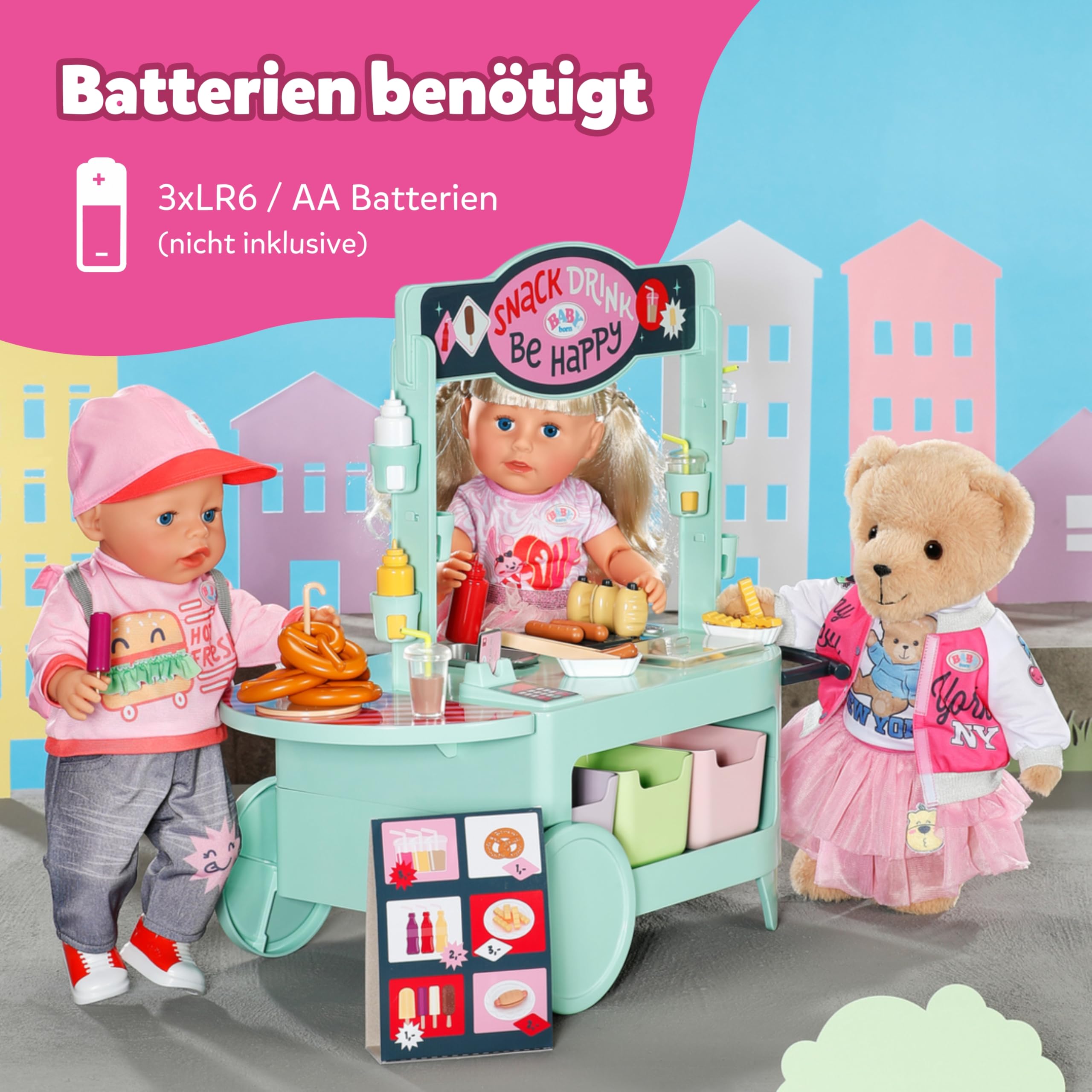 BABY Born Snack Shop - Essensstand für Puppen mit Soundeffekten - 25 Verschiedene Fastfood-Snacks - Hochwertiges Puppenzubehör- Geeignet für Kinder ab 3 Jahren