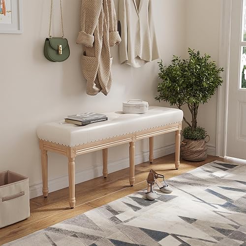 Miniatura 6 de Banco de cama de 48 pulgadas para dormitorio, banco otomano de piel sintética, banco otomano tapizado para entrada, bancos de dormitorio copetudos