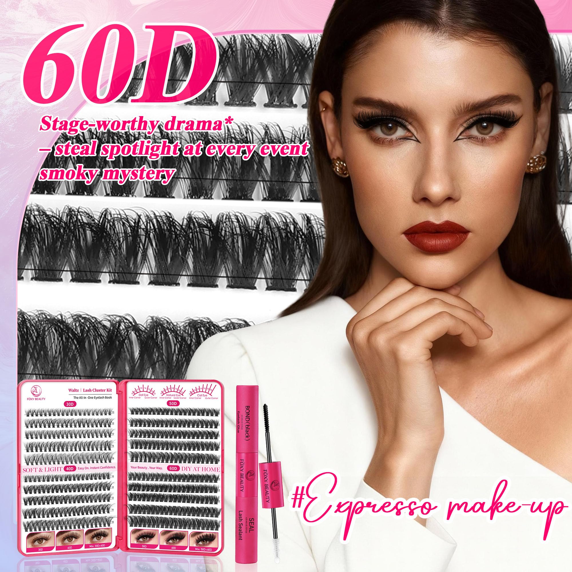 Foxy Beauty 640-częściowy zestaw do przedłużania rzęs D z klejem, uszczelniaczem, zmywaczem, aplikatorem i książką, DIY w domu