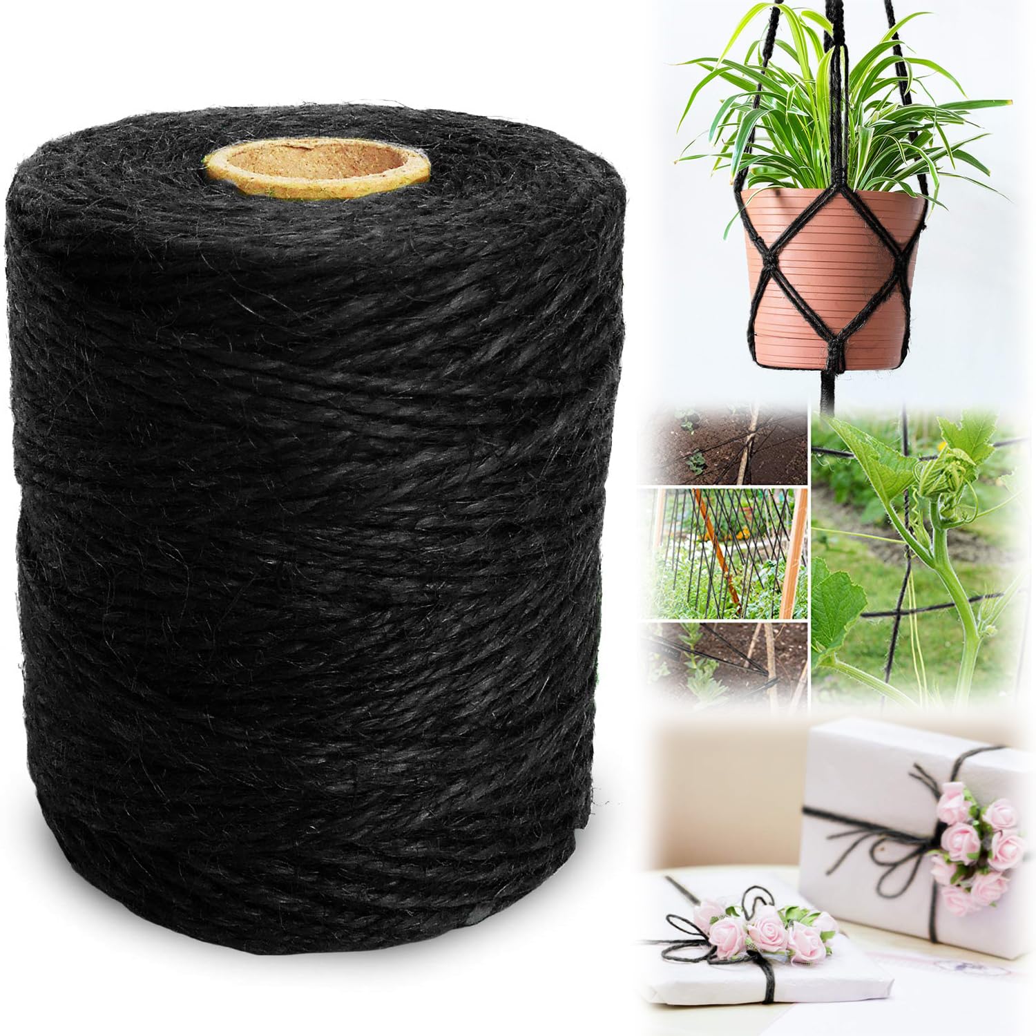 Azonee Jute Twine, 333 Feet Rope String 3 Ply 2mm Thickness for Decoration, Garden, Floristry, DIY Arts, Bundling Crafts & Wrapping, 1 Roll Pack (Black)