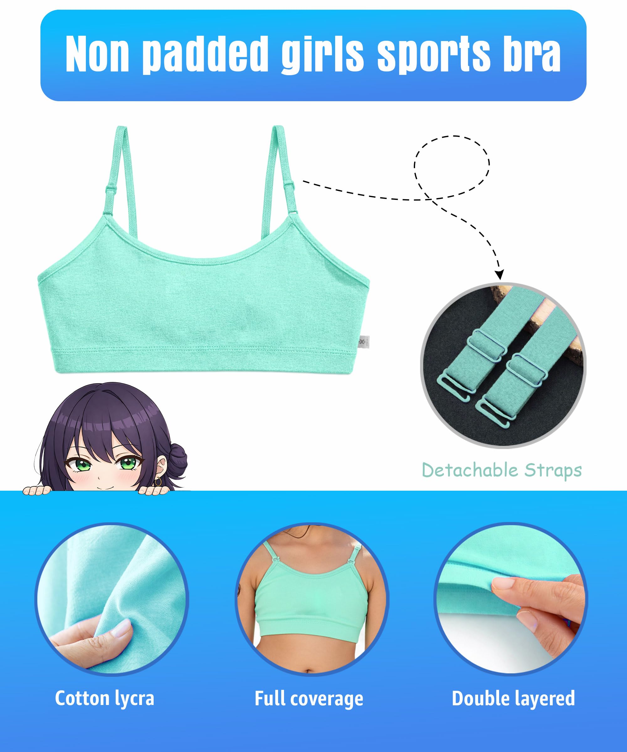 KYDA KIDS® Reggiseno per bambine in cotone antibatterico tinta unita, non imbottito, per principianti