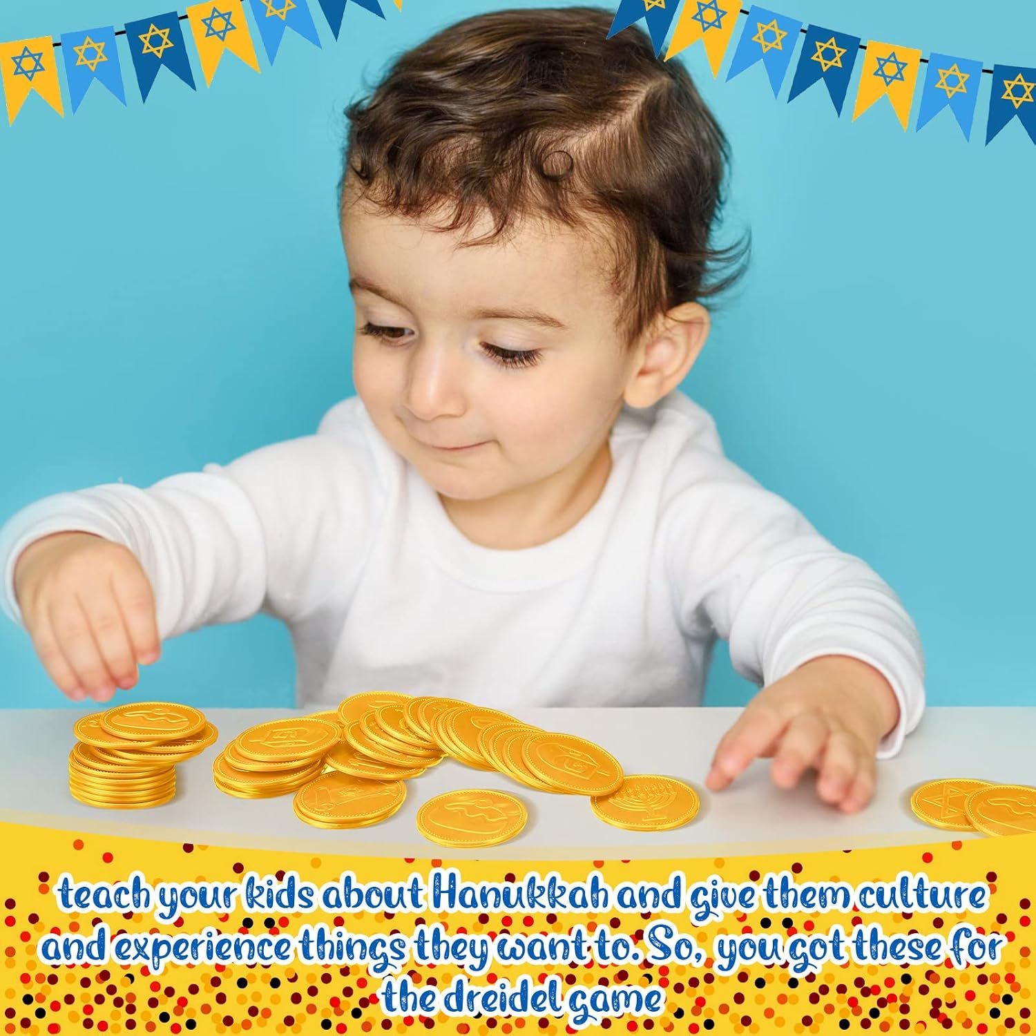 300 Pieces Plastic Hanukkah Gelt Coins Bulk Dreidel Menorah Star of Davids Design Coins for Hanukkah Party Favors Decorations, 6 Styles for Treasure Hunt Game(Gold)