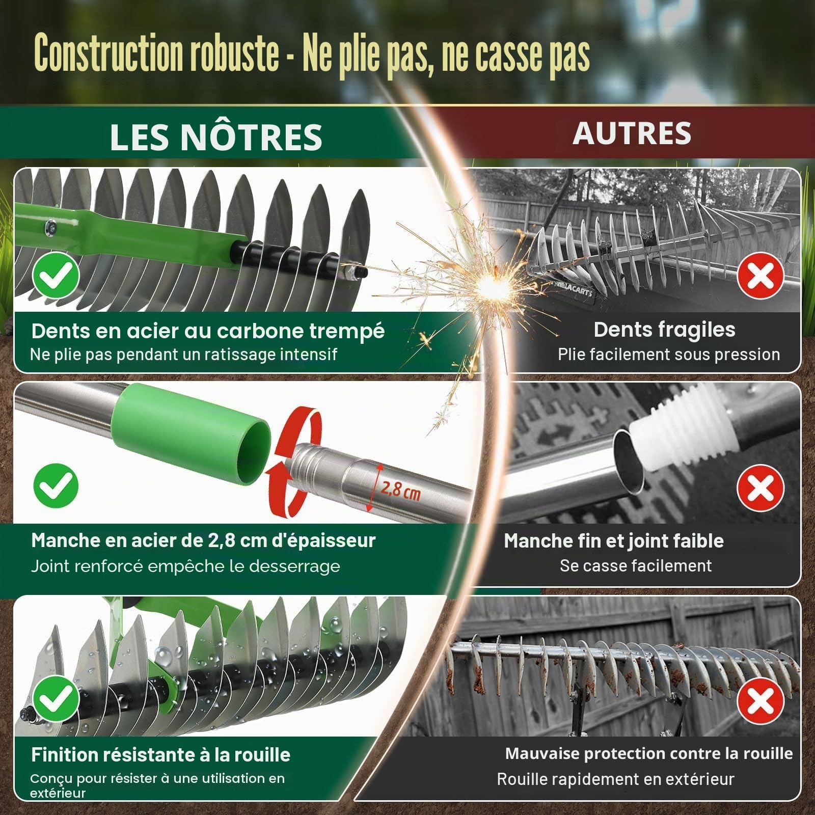 Rateau de Désherbage Scarificateur Gazon Manuel 21 Dents, Aérateur de Pelouse à Manche Long, Outil de Jardinage pour Enlever la Mousse et Aérer Le Sol (1, argenté, 114cm)