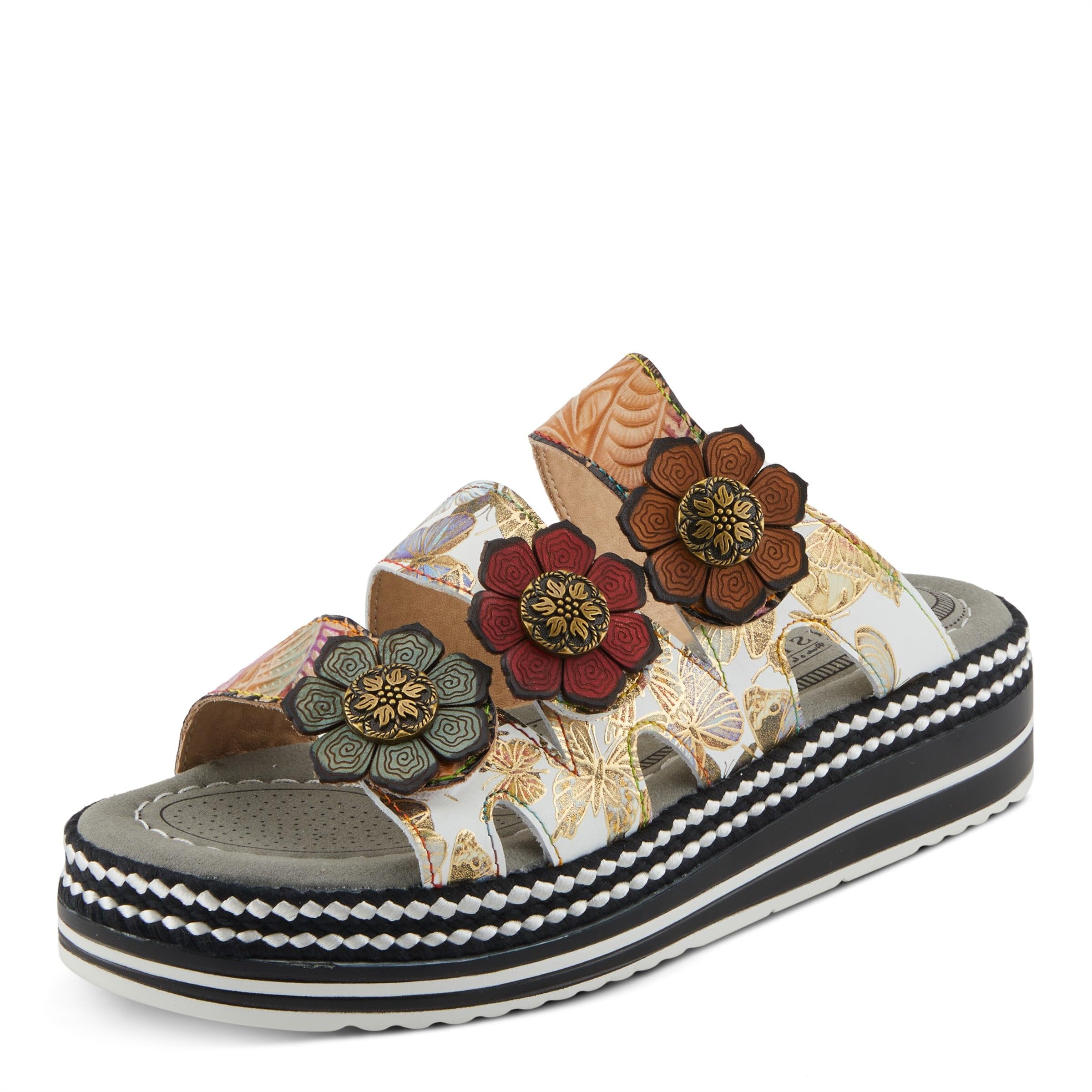 Spring Step L'Artiste Women's NAOMI-MONARCH Slide Sandals - Hand-Painted Leather Butterfly Sandal - Comfortable Hook and Loop Closure with Floral
