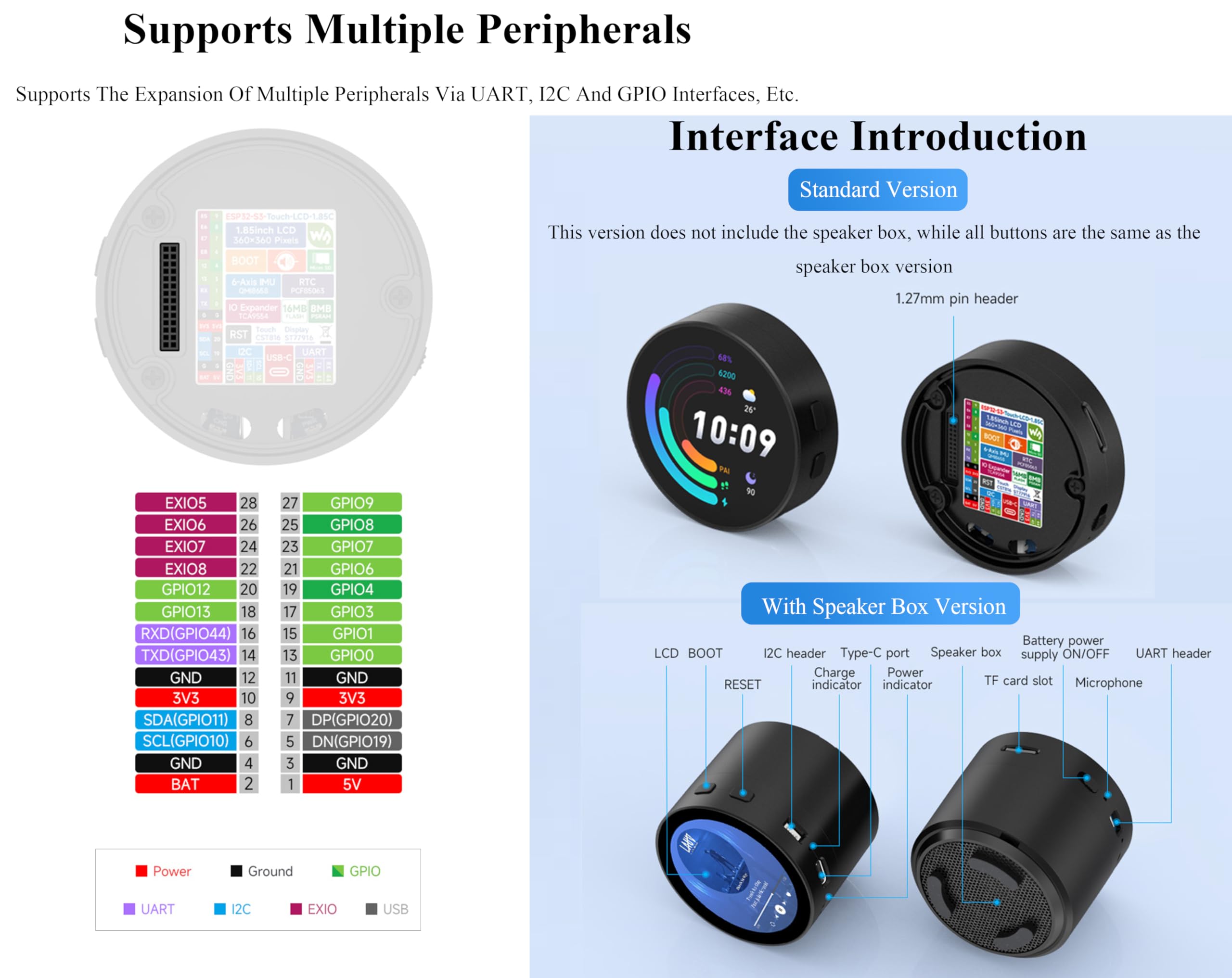 ESP32-S3 1.85inch Round Touch LCD Development Board, 360x360, Supports Wi-Fi & BLE 5, AI Speech, Smart Speaker Box, Support AI Interaction and Offline Voice Control, with Speaker Box