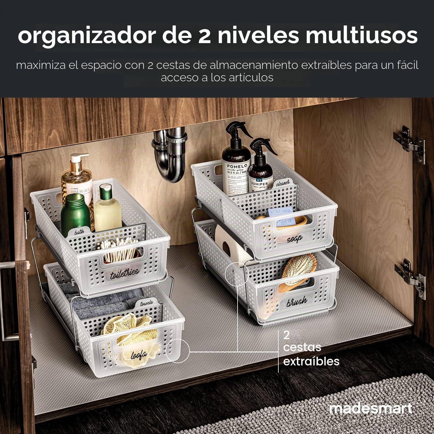madesmart Organizador de 2 Niveles de colección de baño con Asas, Ahorro de Espacio, Almacenamiento Multiusos y Libre de BPA, Grande, Escarcha con divisores