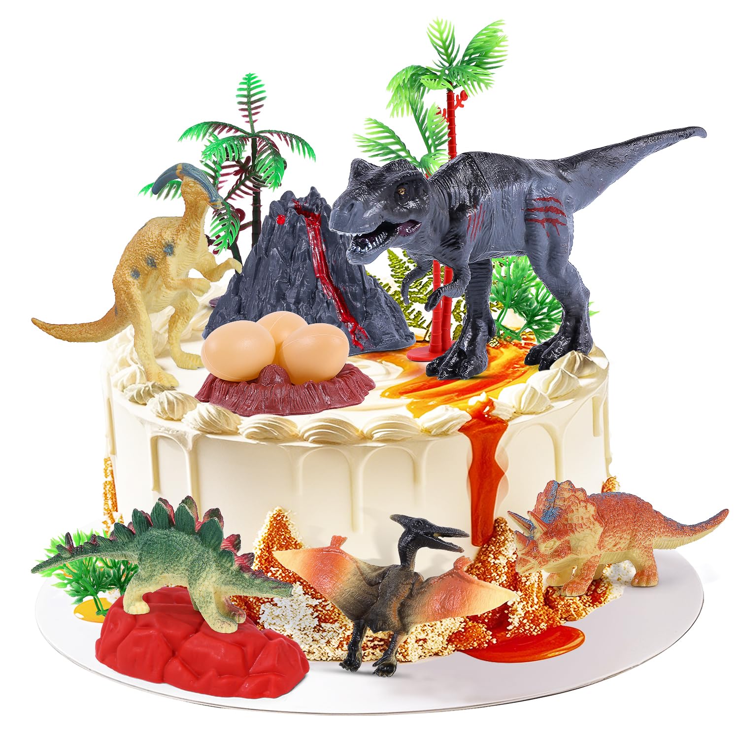 BlingABC 15PCS Dinosaurs Cake Toppers, Trex Dino Eggs Volcano Tree Cake Decorations for Kids Birthday Baby Shower Jurassic Wild Animal Dinosaur Theme Party Supplies