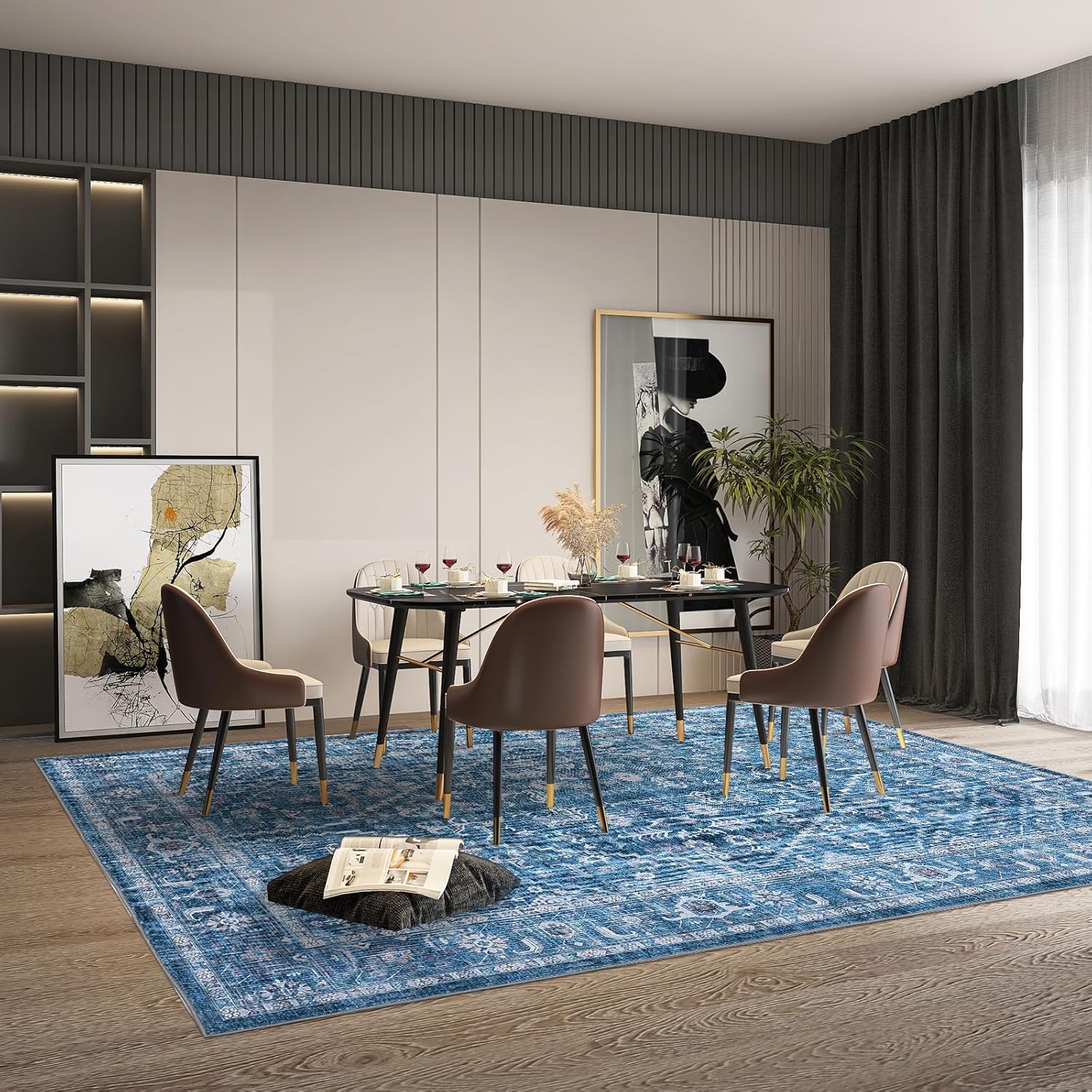 Garvee 6x9 Area Rugs for Living Room Machine Washable Vintage Oriental Rugs Low Pile Non Slip Floor Carpet Stain Resistant Non Shedding Office Carpet for Dining Room Nursery, Blue