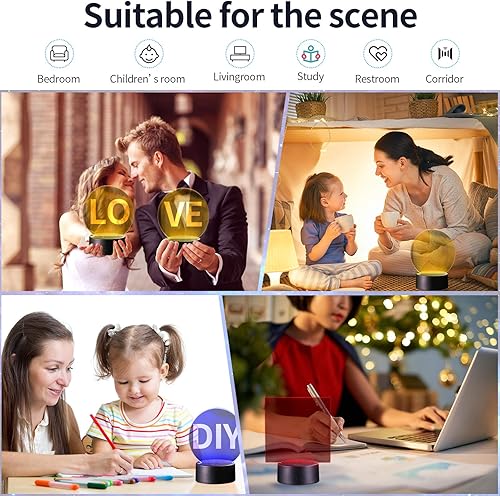 Miniatura 6 de Honoson 4 bases de lámpara de luz LED nocturna 3D con 4 hojas de acrílico transparente, control remoto, cable USB ajustable, 16 colores, 4 modos,