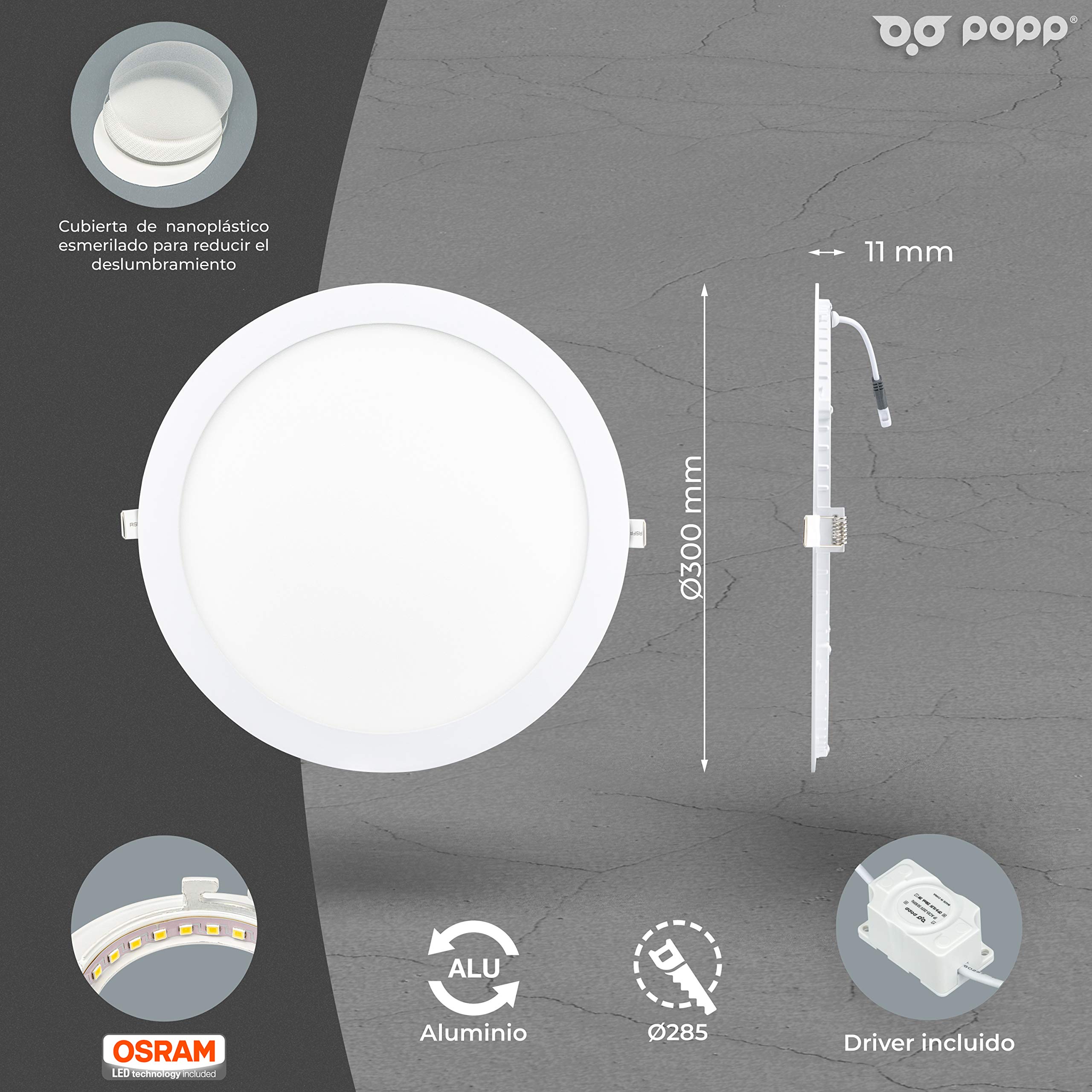 Popp® Pack x2 Downlight Placa LED Redondo Empotrable Circular 24W Blanco Neutro 4000K 2280Lumenes con Corte de Techo Ø280mm, para oficina, salon, cocina, pasillo (24W 4000K)