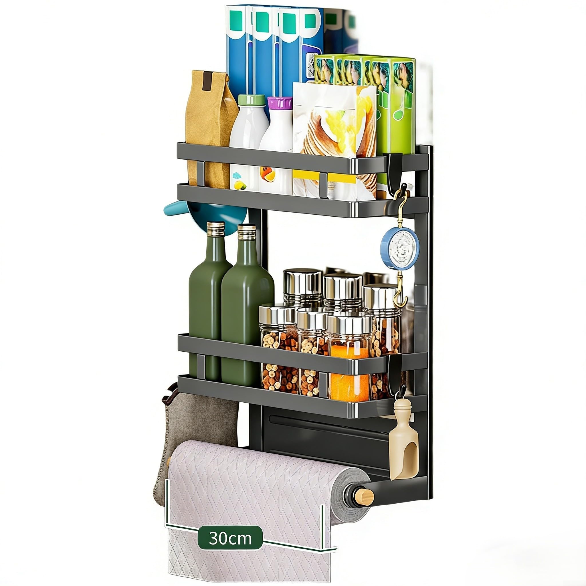 Estante de almacenamiento lateral magnético multicapa para nevera, cocina, baño o balcón, 30 x 11,5 x 37 cm, acero al carbono, revestimiento inoxidable (A)