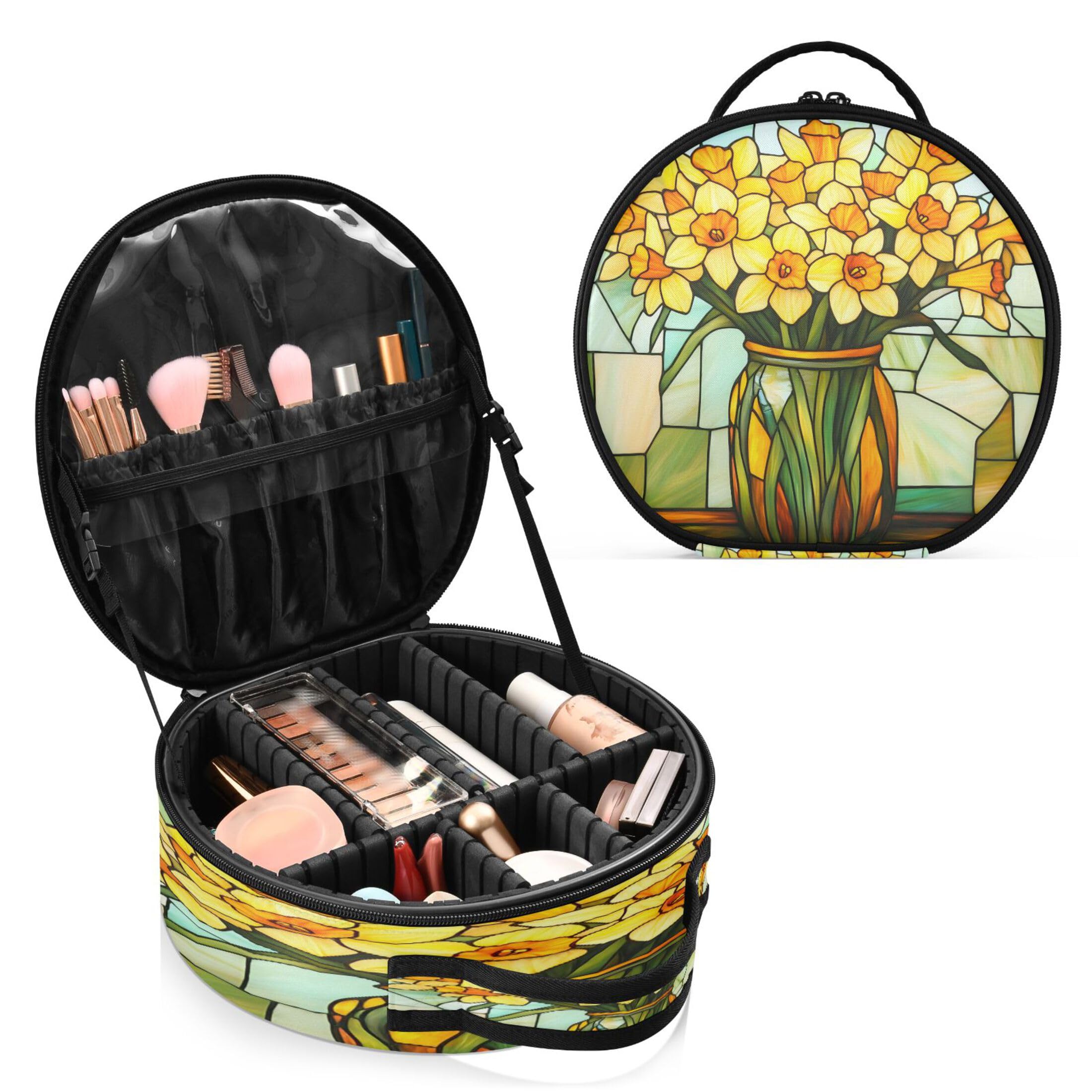 Takiito Stained Glass Daffodils Travel Makeup Case Portable Makeup Box Artist Cosmetic Case Organizer With Adjustable Dividers