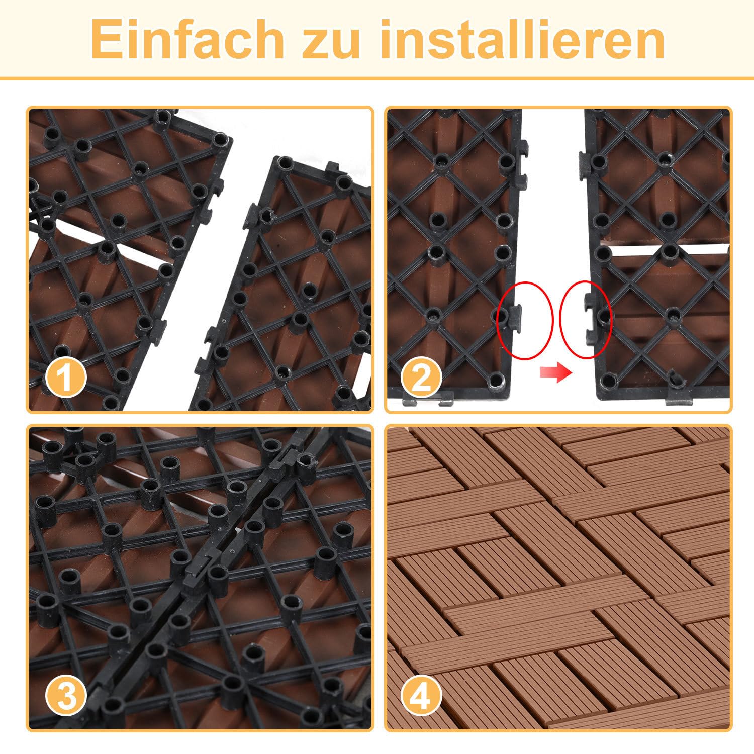 Płytki tarasowe WPC 30 x 30 cm w kolorze brązowym, 33 sztuki = 3 m², płytki podłogowe na balkon, płytki ogrodowe z systemem zatrzaskowym, deski tarasowe jako płytki balkonowe, płytki na klik.