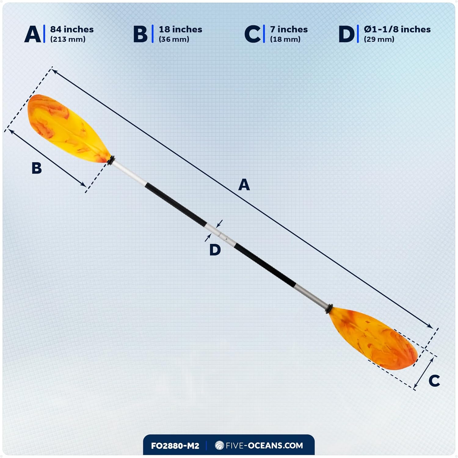 Five Oceans Kayak Paddles 2 Pack, 84" - 7ft Kayak Fishing Paddle, Detachable Heavy-Duty Aluminum Shaft, Reinforced Fiberglass Blades, 2-Piece Snap-Button, Lightweight Paddle for all Kayaks - FO2880-M2
