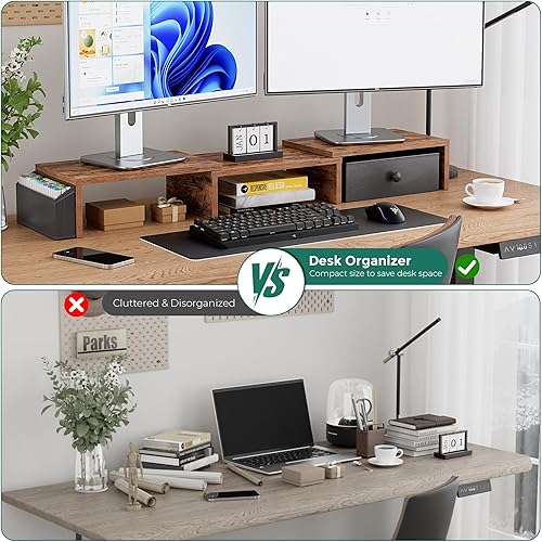 Miniatura 5 de Soporte elevador para monitor doble, longitud ajustable y soporte de monitor de ángulo giratorio, soporte ergonómico para monitor con cajón y