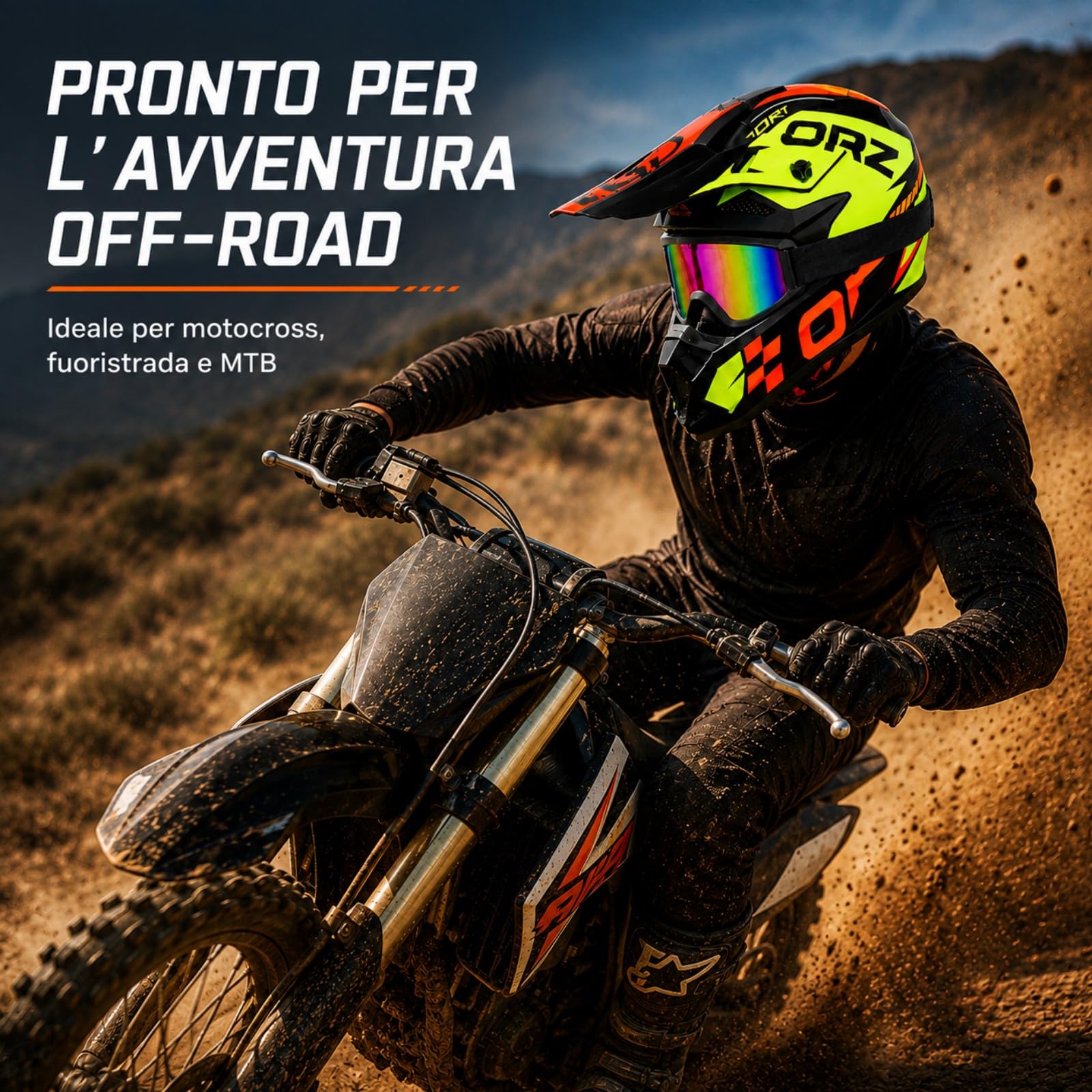 Casco Cross giallo neon, nero e arancione con Occhiali e Guanti