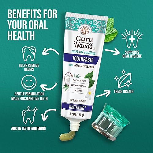 Miniatura 5 de GuruNanda Pasta de dientes hidroxiapatita, sin SLS ni flúor, pasta dental blanqueadora con raspador de lengua y exprimidor - Refresca el aliento,