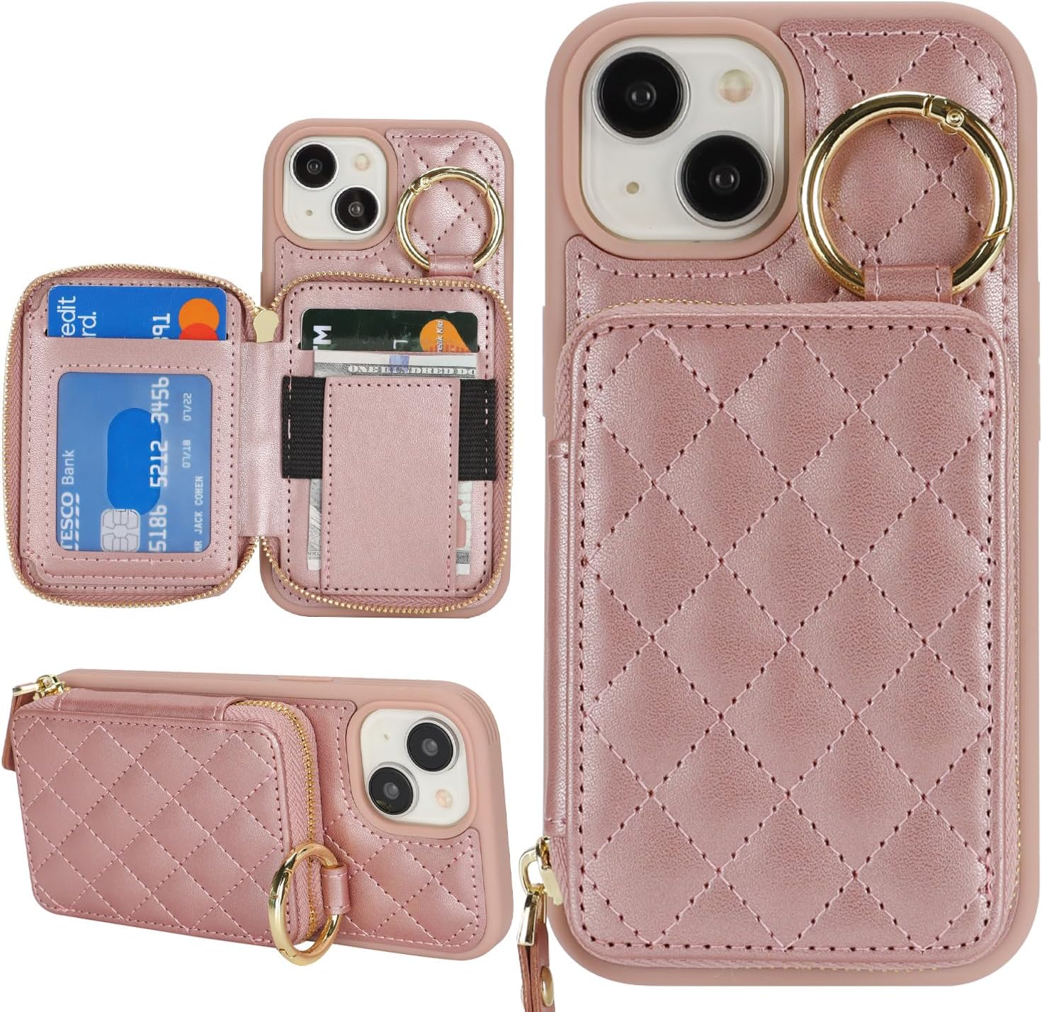 for iPhone 13 Case Wallet with Card Holder,for iPhone 13 Phone case Wallet with Zipper with Slot Kickstand Stand Case for Women and Man 5G 6.1 Inch-Rose Gold