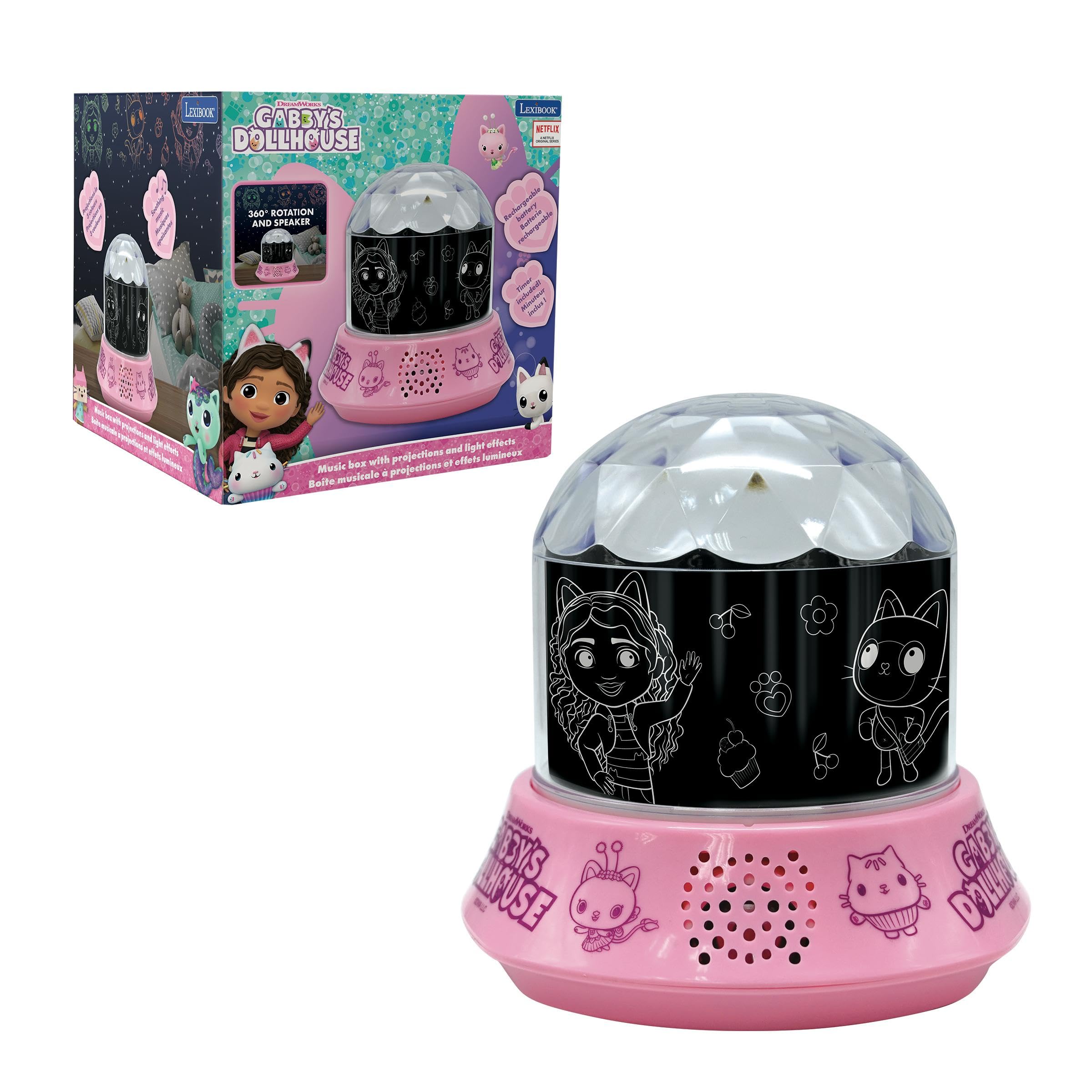 Lexibook, Gabby's Dollhouse, Nightlight with Speaker, Projections of The Gabby's Dollhouse TV Series, Kaleidoscopic Lights on The Ceiling, Speaker with Auxiliary Plug, Rechargeable, NLJ035GDHLXB