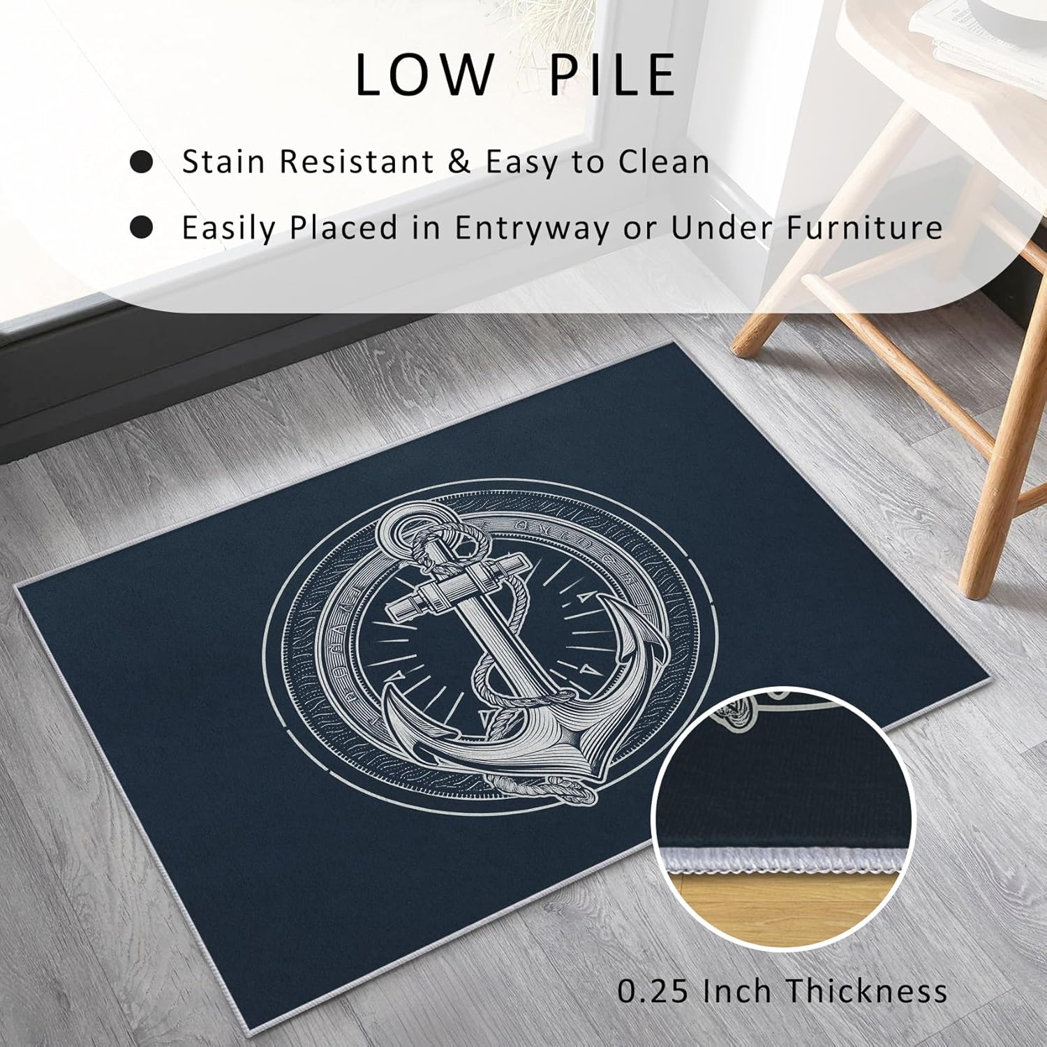 Coastal Rugs for Bedroom Nautical Rug Small, Washable 2x3 Throw Rug for Entryway, Anchor Patterned Indoor Door Mat, Coastal Decor for Home, Bedroom, Soft Non Slip Thin Design KA153