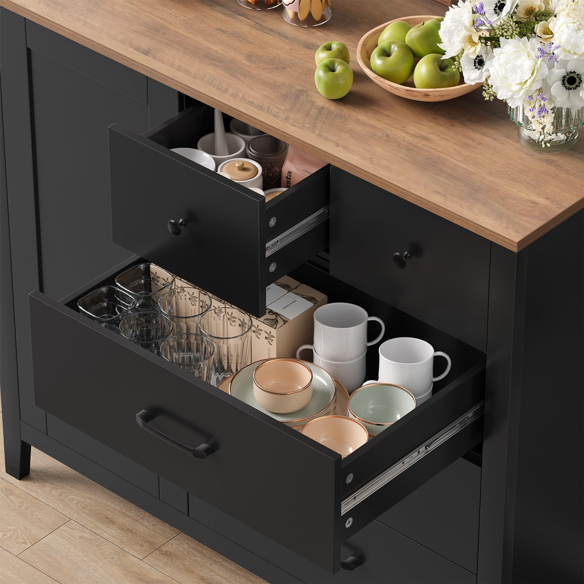 HOCSOK Aparador Cocina Negro con 5 Cajones y 1 Puerta, Aparadores | Estantes ajustables, Mueble Auxiliar de Almacenaje Moderno con Amplia Encimera, Ideal para Cocina, Comedor y Salón
