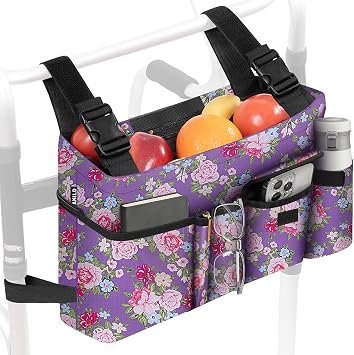 ANILD Walker Bag with Zippers for Folding Walker, Foldable Walker Basket with Soft Cooler - Temperature Controlled Thermal Compartment, Walker Accessories for Seniors Detachable Flower