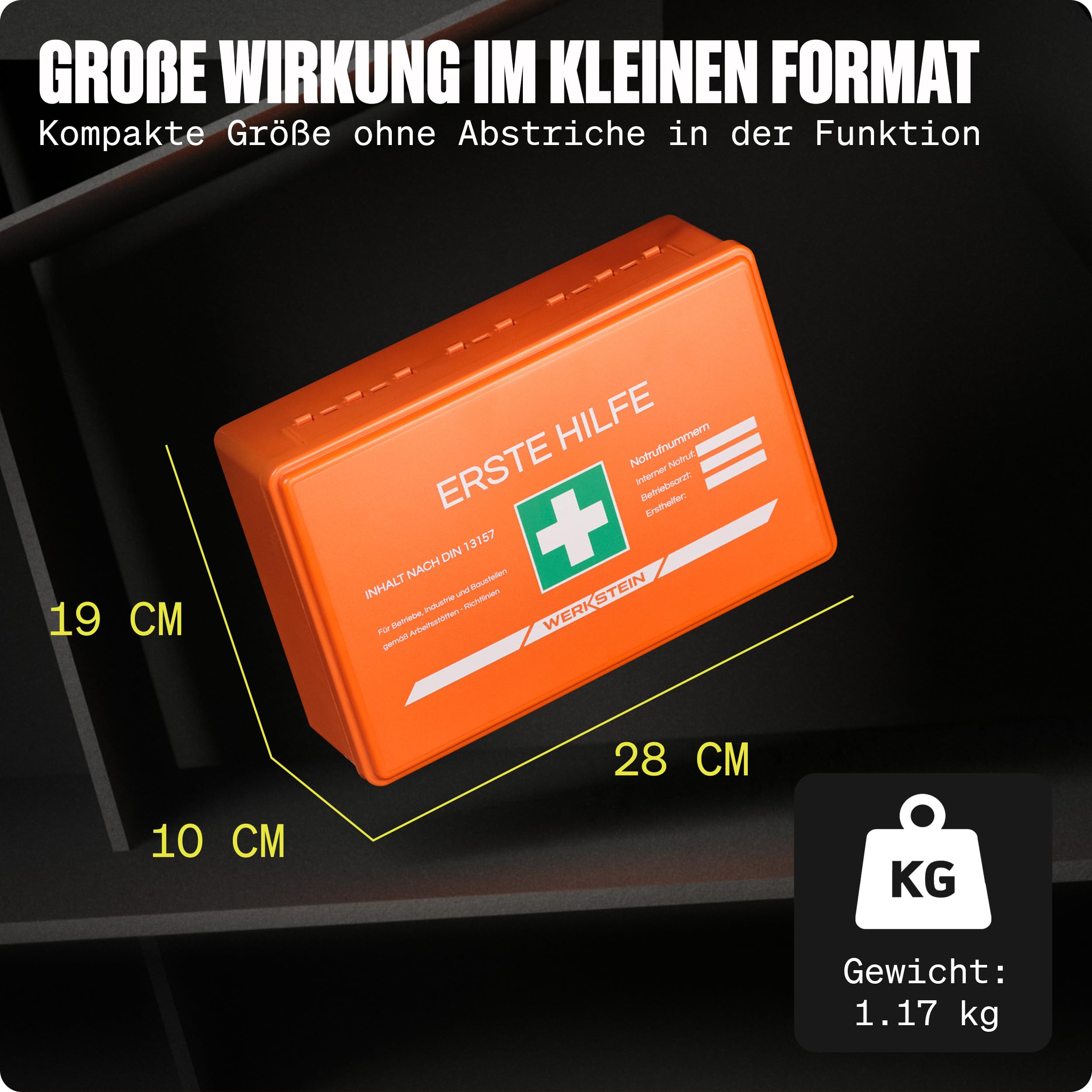 WERKSTEIN® Erste Hilfe Verbandskasten inkl. Wandhalterung [DIN 13157:2021] - Erste Hilfe Kasten für Betrieb, Büro & Zuhause - Erste Hilfe Koffer - Verbandsmaterial - Notfallbox - First Aid Bag