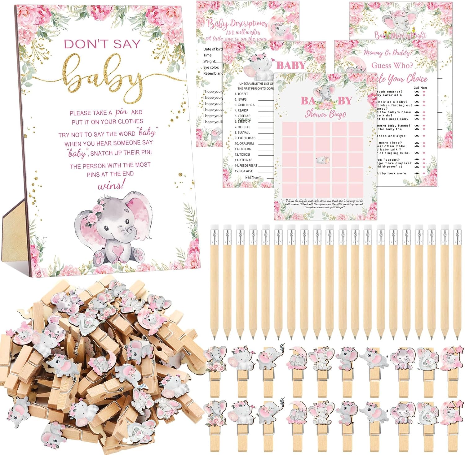 Patelai 321 Pcs Elephant Themed Baby Shower Decorations It's a Girl Pink Baby Shower Games 5 Set for Pink Elephant Theme Gender Reveal Girls Birthday Party Decorations Supplies