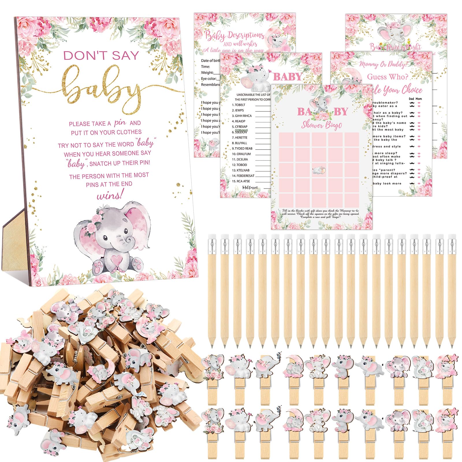 Patelai 321 Pcs Pink Elephant Themed Baby Shower Game Supplies for Girl 5 Set Include 50 Activity Cards 20 Pencils 1 Don't Say Baby Sign 50