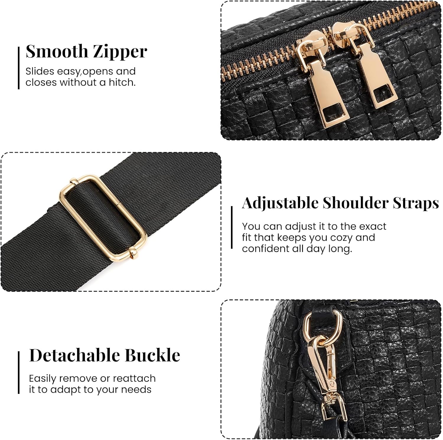 Woven Vegan leather Crossbody Bags For Women, Checkered Fashion PU Bum Bag Waist Pack, Travel Sling Purse with Adjustable Strap（Dark Black)