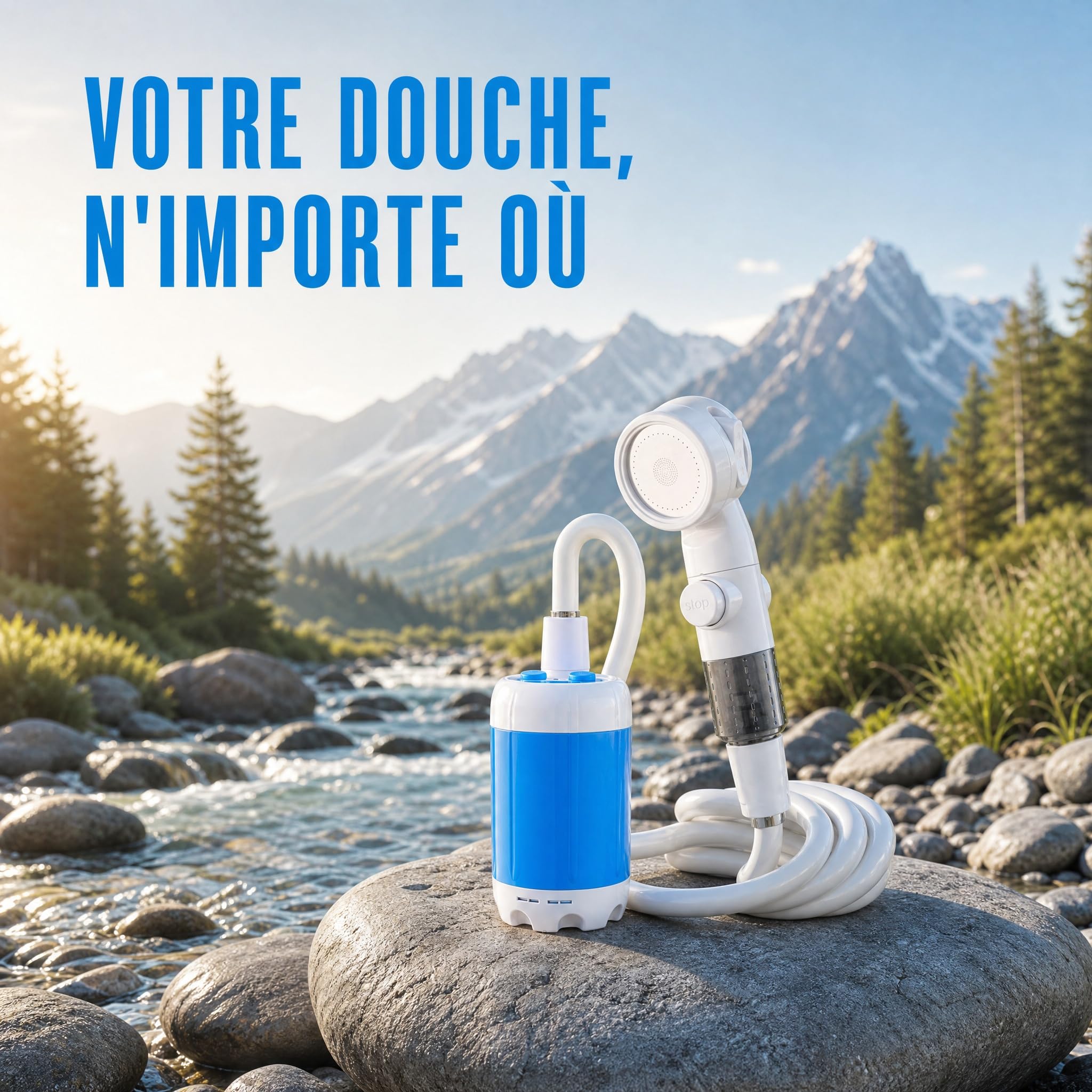 Douche De Camping Portable 12v avec Pompe Immergée, Pompe Douche Camping, Kit Complet avec Tuyau 2,2m, Compacte Légère Débit Réglable pour Camping Plage Jardin Randonnée Extérieur