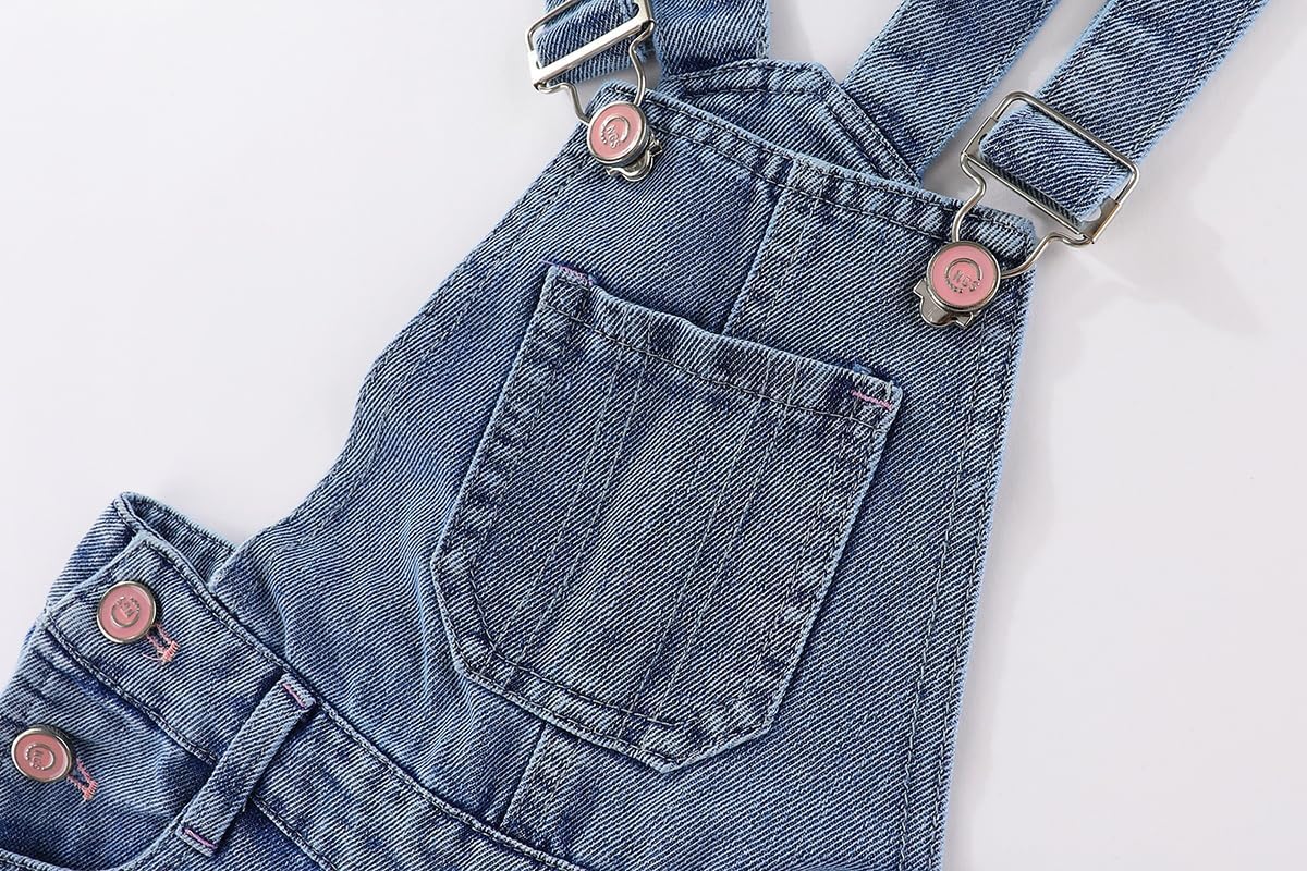 Peacolate 5-10years Little Big Girls Star Embroidery Blue Denim Overalls - Image 3