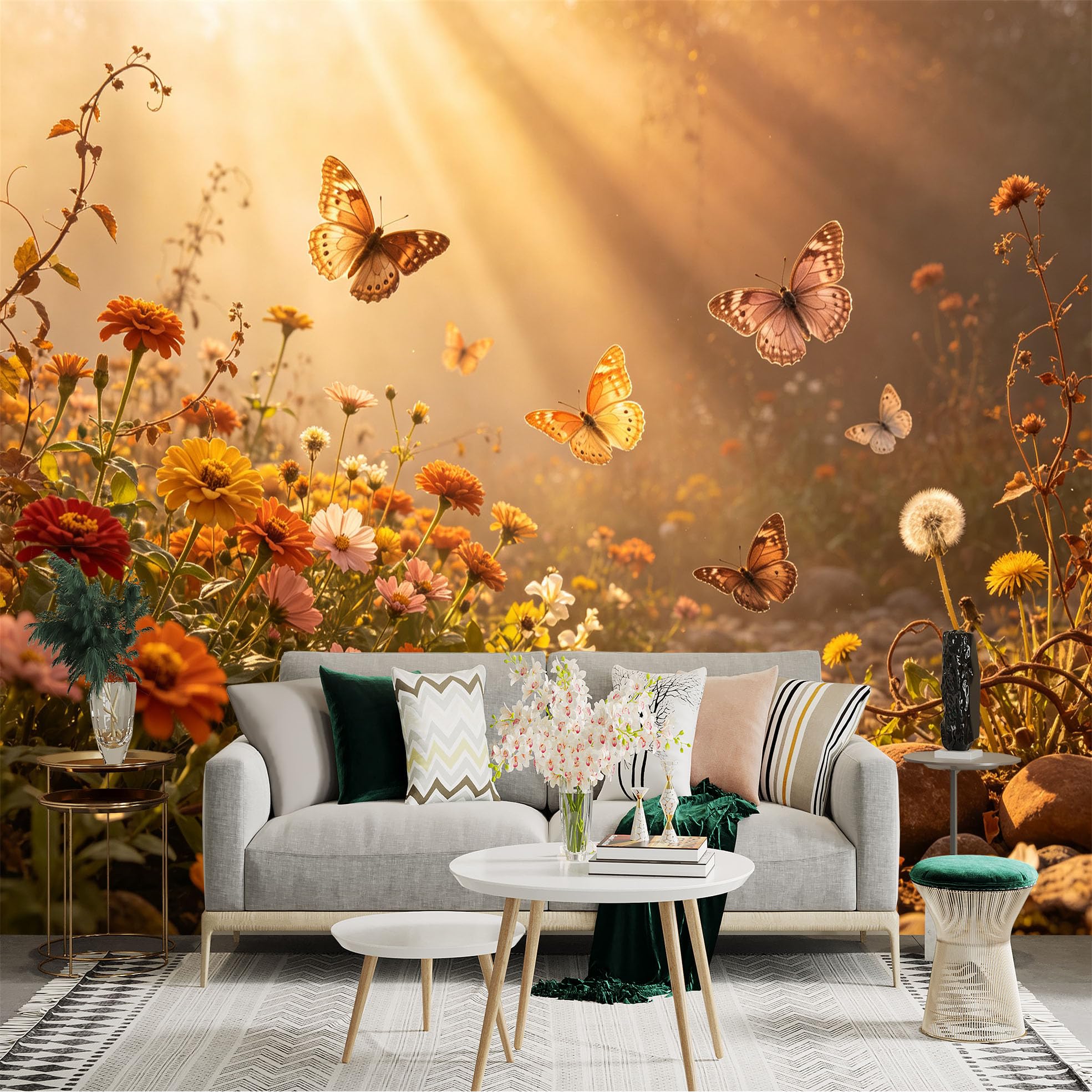 Lnzczhyre Bh260719577 Custom Size Wall Sticker Mural， Flying Butterflies In Golden Sunlight， Vibrant Wildflowers And Stones， For Wall Decoration， Peelandstick Wall Decals.