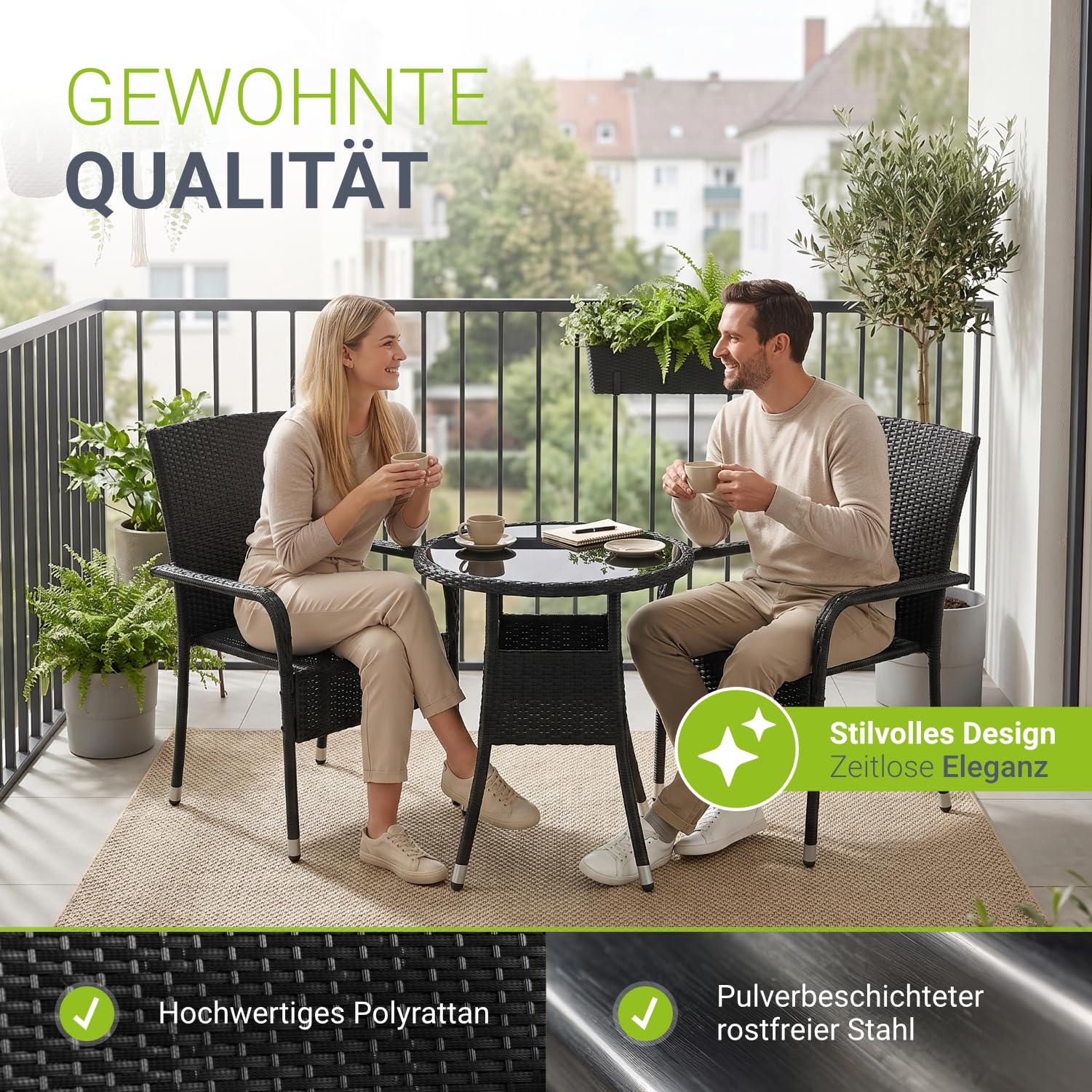 Juskys Polyrattan Gartenstühle Yoro 4er Set mit Armlehnen & Rückenlehne - 4 Stühle stapelbar - Rattan Stuhl Garten - Stapelstuhl Schwarz